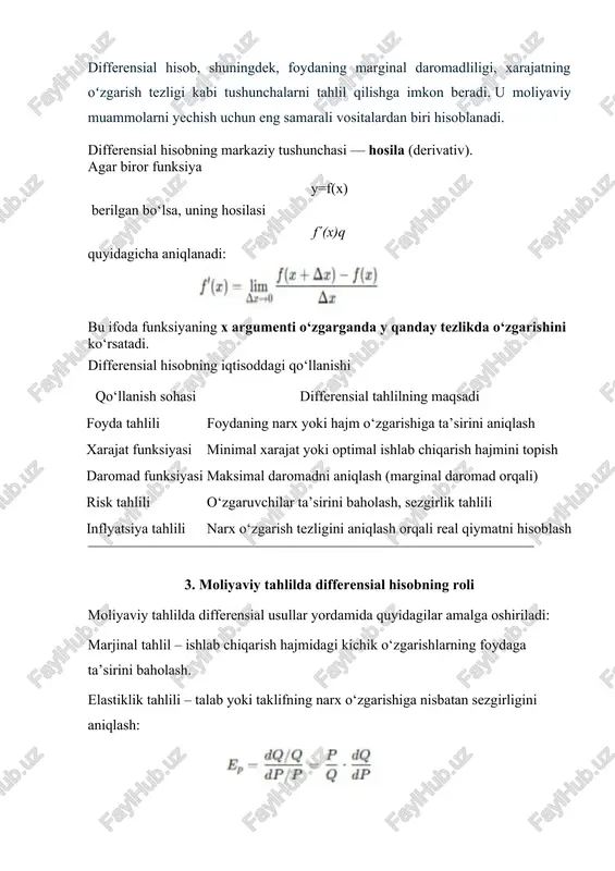 ’ati elastiklik (e) ​ talabning narxga sezgirligi optimal nuqta maksimal foyda sharti 3.differensial hisob teoremalari 1. ferma teoremasi teorema. agar f(x) funksiya (a,b) oraliqda aniqlangan va biror ichki c nuqtada eng katta (eng kichik) qiymatga erishsa va shu nuqtada chekli f’(c) hosila mavjud bo‘lsa, u holda f’(c)=0 bo‘ladi. isbot. f(c) funksiyaning eng katta qiymati bo‘lsin, ya’ni (x((a;b) da f(x) ≤ f(c) tengsizlik o‘rinli bo‘lsin. shartga ko‘ra bu s nuqtada chekli f’(c) hosila mavjud. ravshanki, ammo x s bo‘lganda bo‘lishidan f’(c)=0 ekani kelib chiqadi. eng kichik qiymat holi shunga o‘xshash isbotlanadi. ferma teoremasi sodda geometrik ma’noga ega. u f(x) funksiya grafigiga (c;f(c)) nuqtada o‘tkazilgan urinmaning ox o‘qiga paralell bo‘lishini ifodalaydi ( 19-rasm). 1- eslatma. ichki s nuqtada f’(s)=0 bo‘lsa ham bu nuqtada f(x) funksiya eng katta (eng kichik) qiymatni qabul qilmasligi mumkin. masalan, f(x)=2x3-1, x((-1;1) da berilgan bo‘lsin. bu funksiya uchun f’(0)=0 bo‘ladi, lekin 19-rasm f(0)=-1 funksiyaning (-1;1) dagi eng katta …