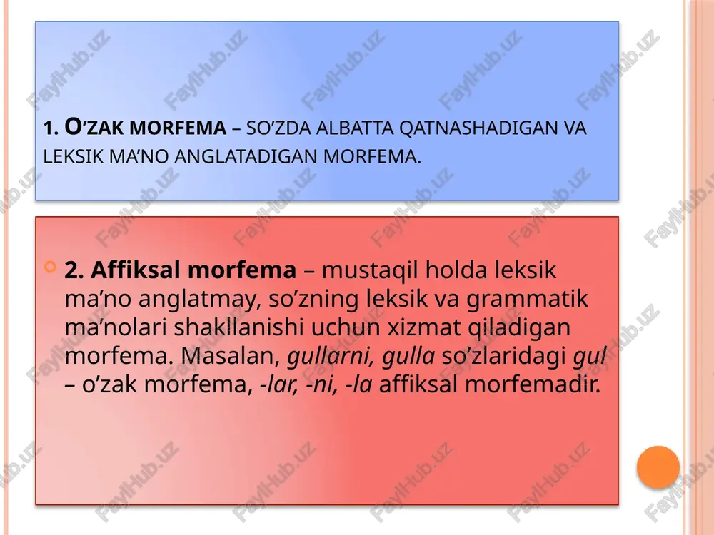 miy g’amxo’rlik qiladi. uchinchi bosqich – o’zak, so’z yasovchi va shakl yasovchi qo’shimchalarning xususiyatlari hamda tildagi ahamiyatini o’rganish metodikasi. bu bosqichning o’quv vazifasiga “o’zak”, “so’z yasovchi qo’shimcha”, “shakl yasovchi qo’shimcha” tushunchalarini shakllantirish, so’zning leksik ma’nosi bilan morfemik tarkibi o’rtasidagi bog’lanish haqidagi tasavvurlarni o’stirish, o’zakda jufti bor jarangli va jarangsiz undoshli so’zlarni to’g’ri yozish malakasini shakllantirish, nutqda so’z yasovchi qo’shimchasi bor so’zlarni ongli ishlatish ko’nikmasini o’stirish kiradi. bu bosqichning vazifasi bir-biri bilan ma’lum bog’lanishda hal qilinadi. masalan, so’zda har bir morfemaning ahamiyatini o’zlashtirish asosida o’quvchilar so’zning leksik ma’nosi bilan uning morfemik tarkibi o’rtasidagi bog’lanishni bilib oladilar. barcha vazifalar bilan uzviy bog’liq holda, so’zlarning morfemik tarkibini hisobga olib, ulardan nutqda mumkin qadar aniq va ongli foydalanish vazifasi ham bajariladi. o’zakni o’rganishning xususiyatlari. “o’zak” tushunchasini shakllantirishda o’quvchilar o’zak o’zakdosh so’zlarning umumiy qismi ekani va u barcha bir xil o’zakli so’zlarning ma’nosidagi umumiylikni o’z ichiga olishi bilan tanishtiriladi. o’zakdosh so’zlarni tahlil qilish bilan o’quvchilar …