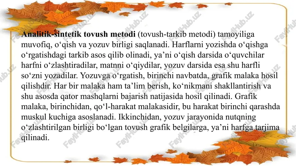 lariga rahbarlik qilishlariga haftada bir marta 20 daqiqa ajratiladi. ssavod o‘rgatishning tayyorlov davrida darslar 35 daqiqa, asosiy (alifbe) davrida 45 daqiqa bo‘ladi. savod o‘rgatish darslarida ish turlarini almashtirib turish, vaqti- vaqti bilan dam olish daqiqalari o‘tkazish zarur. bu o‘quvchilar toli- qishining oldini oladi. kichik yoshdagi o`quvchilarning og`zaki va yozma nutqni egallashlarida fonetikadan olgan bilimlarining ahamiyati katta: a) fonetik bilimga asoslangan holda o`qish va yozishga o`rgatiladi. b) fonetik bilim so`zni to`g`ri talaffuz qilish asosini tashkil etadi. v) fonetik bilim morfologik va so`z yasalishiga oid bilimlar bilan birga o`quvchilarda qator orfografik malakalarni shakllantirish uchun zamin bo`ladi. g) fonetik bilim gapning ohangiga ko`ra to`g`ri aytish, urg`u, gap uchun zarur. d) so`zning tovush tomonini bilish, uning ma’nosini tushunish va nutqda ongli qo`llash uchun muhimdir. so`zning tovush tarkibi ustida ishlash savod o`rgatish davridayoq boshlanadi. ular so`zni tovush tomondan tahlil qilishga o`rganadi. masalan: kel so`zida k, e, l; yomg`ir so`zida y, o, m, g`, i, r …