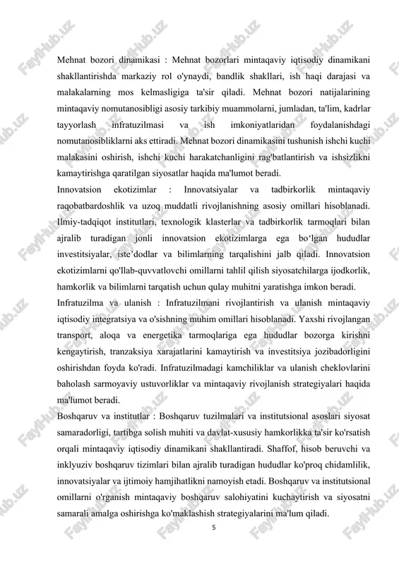lar va daromadlarni taqsimlash mexanizmlari resurslarni gullab-yashnagan hududlardan nochor hududlarga qayta taqsimlaydi, nomutanosiblikni yumshatadi va ijtimoiy hamjihatlikni rag‘batlantiradi. sanoat siyosati : sanoat siyosati hududlarda tarkibiy o'zgarishlar va sanoat diversifikatsiyasini rag'batlantirish, tarmoqlar bo'ylab raqobatbardoshlik va innovatsiyalarni qo'llab-quvvatlashga qaratilgan. hukumatlar tadqiqot va ishlanmalar (ar&d) grantlari, texnologiyalar transferi tashabbuslari va sohaga oid qoidalar kabi chora-tadbirlar orqali asosiy tarmoqlarni, klasterlarni yoki qiymat zanjirlarini qoʻllab-quvvatlash uchun sanoat siyosatini ishlab chiqadi. strategik sanoat siyosati choralari mintaqaviy kuchli tomonlardan foydalanishga, imkoniyatlarni oshirishga va firmalar, etkazib beruvchilar va tadqiqot institutlari o'rtasidagi aloqalarni mustahkamlashga intiladi. savdo siyosati : savdo siyosati xalqaro savdo oqimlarini, bozorga kirishni va raqobatbardoshlikni shakllantirish orqali mintaqaviy iqtisodiy rivojlanishga ta'sir qiladi. hukumatlar tovarlar, xizmatlar va investitsiyalarning transchegaraviy almashinuvini osonlashtirish uchun savdo bitimlari, tariflar va tarifsiz to'siqlar bo'yicha muzokaralar olib boradi. erkin savdo zonalari va bojxona ittifoqlari kabi mintaqaviy savdo bitimlari mintaqalararo savdo va ixtisoslashuvni rag'batlantiradi, iqtisodiy integratsiyani va mintaqaviy qiymat zanjirlarini rivojlantiradi. savdo siyosatini mintaqaviy darajada …