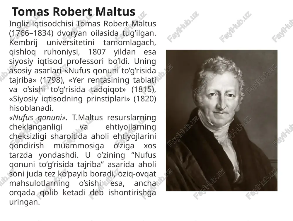 omiliga (mehnat, kapital, yer) alohida e’tibor bergan. uning tasdiqlashicha bu omillar tovar qiymatini yaratishda bir xil ishtirok etadi, barcha mahsulotning umumiy qiymati esa uch sinf - ishchilar, kapitalistlar va yer egalari daromadlaridan tashkil topadi. j.b.seyning uch omil nazariyasiga muvofiq «mehnat» omili ishchilarning daromadi sifatida ish haqi yaratadi, «kapital» omili kapitalistlarning daromadi sifatida foyda yaratadi, «yer» omili yer egalarining daromadi sifatida renta yaratadi. demak, boylik yaratishda ishlab chiqarishning har bir omili qatnashadi (smitda faqat unumli mehnat boylik yaratadi, deyiladi). j.b.sey yuqorida ko‘rsatilgan omillar (mehnat, kapital, yer) ishchilar, kapitalistlar va yer egalarining daromadlarini yaratishda mustaqillikka ega ekanligini qayd qilib o‘tadi. iqtisodiy g‘oyalarning dolzarbligi iqtisodiy o‘sish rikardoning qiyosli ustunlik nazariyasi va seyning bozor qonuni bugungi kunda ham xalqaro savdo va iqtisodiy o‘sishni tahlil qilishda qo‘llaniladi. ijtimoiy muammolar maltusning aholi muammosi to‘g‘risidagi nazariyasi dunyoda kuzatilgan aholi o‘sishi va kambag‘allik bilan bog‘liq muammolarni tushunishda dolzarbdir. xulosa ingliz klassik iqtisodiyotining asosiy vakillari - devid rikardo, ğ.b. …