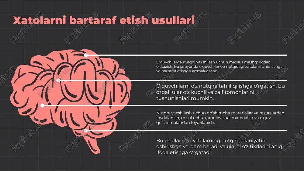 beradi. bu faoliyatlar, o‘yinlar orqali, o‘quvchilarni qiziqtiradi va ularning nutqiy xatolarini aniqlash va tuzatishga yordam beradi. 1. nutq o‘yini: o‘quvchilar bir-biriga nutq xatolarini aytib berishadi, bu ularga xatolarni tanish va ularni to‘g‘rilashda yordam beradi. 2. qo‘shiq o‘ynash: o‘quvchilar qo‘shiq aytish orqali to‘g‘ri talaffuzni o‘rganadilar, bu esa nutqdagi xatolarni kamaytiradi. 3. hikoya aytish: o‘quvchilar hikoya aytish orqali nutqni ifoda etish ko‘nikmalarini rivojlantiradilar, bu orqali xatolarni bartaraf etishga yordam beradi. bu faoliyatlar o‘quvchilarga nutq xatolarini aniqlash va ularni bartaraf etishda yordam beradi. shuningdek, o‘yinlar orqali o‘quvchilar o‘zaro muloqot qilish va o‘z fikrlarini aniq ifoda etish ko‘nikmalarini rivojlantiradilar. o‘yinlar orqali o‘rganish jarayoni o‘yinlar orqali o‘rganish jarayoni, o‘quvchilarga nutqidagi xatolarni aniqlashda yordam beradi. o‘yinlar, o‘quvchilarning qiziqishini oshirib, ularga o‘z xatolarini tushunishga va ularni tuzatishga imkon yaratadi. xatolarni o‘rganish jarayonida o‘yinlar muhim rol o‘ynaydi, chunki ular o‘quvchilarga xatolarini aniqlash va ulardan saboq olish imkonini beradi. o‘yinlar o‘quvchilarni xatolarini bilishga undaydi va o‘z nutqini takomillashtirishga ko‘maklashadi. …
