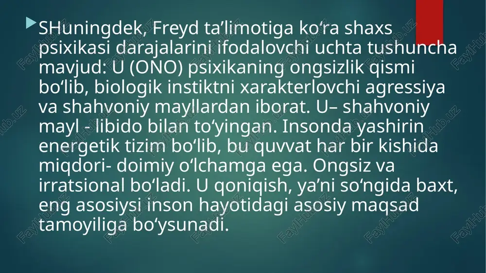 va muhit ta’siri natijasigina emas, balki insonning o‘z hayotining arxitektori sanalgan ijod kuchidan ham iborat individ jamiyatdan tashqari ko‘rib bo‘lmaydi, uning xulq-atvori esa sotsial kontekstdan tashqarida . har bir insonda umumiylik va sotsial qiziqishning tabiiy tuyg‘usi mavjud, ya’ni hamkorlikning sotsial munosabatlariga tug‘ma ravishda intilish mavjud. inson xulq-avtori o‘zi va atrof olam haqidagi tasavvurlari bilan belgilanadi «appersepsiya sxemasi». erishilmagan maqsad yoki vazifalar inson xulq-atvorini yo‘naltirib, harakatlantirib turadi. insonga yagona, yaxlit, unsurlari bir-biri bilan o‘zaro muvofiq keluvchi mavjudod sifatida qaraydi. individuum miya va tana, onglilik bilan ongsizlik, tafakkur, tuyg‘u, harakat, shaxsda namoyon bo‘luvchilar yagonadir. shaxsning strukturasini hayot uslubi bilan aniqlash mumkinligini tavsiya etadi.shaxsiy ahamiyatga ega maqsadlarga talpinish, kamolotga intilish, individuum organik jihatdan yaxlitlikni ifodalaydi va o‘zining hayotini boshqaradi, ijodiy kuchini va erkinlikni tanlashini namoyon qiladi. shaxsning strukturasini hayot uslubi bilan aniqlash mumkinligini tavsiya etadi.shaxsiy ahamiyatga ega maqsadlarga talpinish, kamolotga intilish, individuum organik jihatdan yaxlitlikni ifodalaydi va o‘zining hayotini boshqaradi, ijodiy kuchini va …