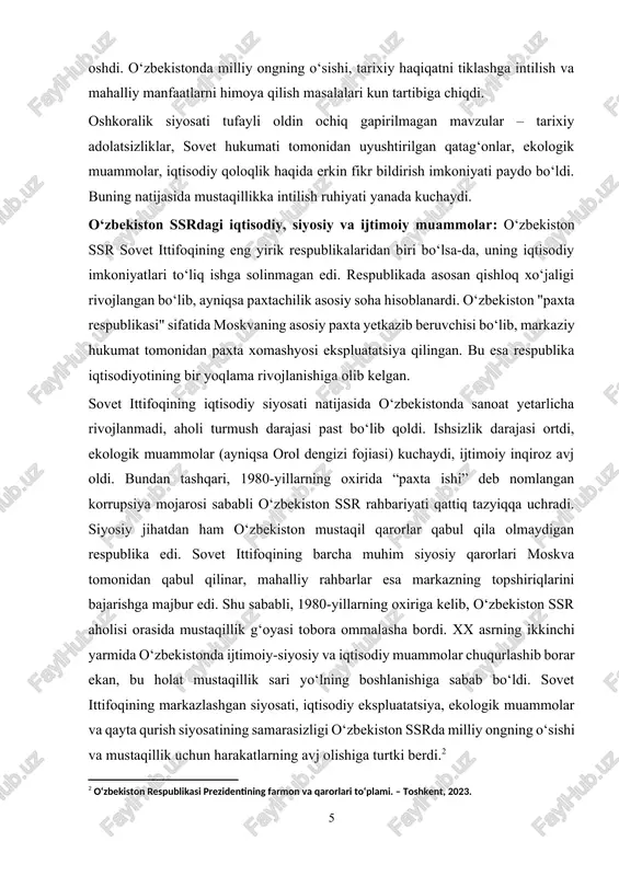 -1991-yillar o‘zbekiston tarixida mustaqillikka erishish yo‘lidagi eng muhim davr hisoblanadi. bu yillarda sssrning markaziy hokimiyati zaiflashib, respublikalarda milliy harakatlar kuchaya boshladi. o‘zbekiston ham bu jarayondan mustasno emas edi. ushbu davrda ijtimoiy-siyosiy faollik ortib, mustaqillik g‘oyasi ommalashdi. islom karimovning hokimiyatga kelishi va olib borilgan siyosiy islohotlar: 1989-yil 23-iyunda islom karimov o‘zbekiston kommunistik partiyasi markaziy qo‘mitasining birinchi kotibi etib saylandi. uning hokimiyat tepasiga kelishi bilan respublikada muhim siyosiy o‘zgarishlar boshlandi. karimovning bosh maqsadi iqtisodiy va siyosiy barqarorlikni saqlash, mustaqillikka erishish yo‘lida respublikaning manfaatlarini himoya qilish edi. karimov respublika mustaqilligini bosqichma-bosqich qo‘lga kiritish strategiyasini ishlab chiqdi. u o‘zbekiston ssrning ichki siyosatini mustaqil yuritishga harakat qilib, moskva ta’siridan chiqishga intildi. shu maqsadda, u qayta qurish siyosatidan foydalanib, mahalliy iqtisodiy va ijtimoiy masalalarni mustaqil hal qilishga e’tibor qaratdi. o‘zbekiston ssrning suverenitet deklaratsiyasi (1990-yil 20-iyun): o‘zbekiston ssrda mustaqillik sari qo‘yilgan dastlabki muhim qadam 1990-yil 20-iyunda qabul qilingan "o‘zbekiston ssr davlat suvereniteti to‘g‘risida"gi deklaratsiya bo‘ldi. ushbu hujjat …