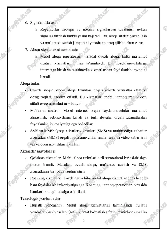uhimdir. bu orqali aloqa sifatini nazorat qilish va muammolarni vaqtida aniqlash mumkin. · foydalanuvchi tajribasi: foydalanuvchilarning aloqa xizmatlari tajribasini o'rganish va tahlil qilish orqali xizmatlarni yaxshilash imkoniyatlari mavjud. ko‘p yo‘nalishli aloqa: · repetitorlar bir vaqtning o‘zida ko‘plab foydalanuvchilarga xizmat ko‘rsatishga qodir, bu esa aloqa tizimlarining samaradorligini oshiradi. mobil aloqa repetitorlarining ushbu funktsiyalari ularni zamonaviy aloqa tizimlarining ajralmas qismi sifatida joylashtiradi va foydalanuvchilar uchun yuqori sifatli, ishonchli aloqani ta'minlashga xizmat qiladi. 2. antennalar turlari va ularning ishlash prinsipi antennalar mobil aloqa tizimlarida signallarni qabul qilish va uzatish uchun muhim rol o‘ynaydi. ular turli turlarga bo‘linadi va har bir tur o‘zining ishlash prinsipi, afzalliklari va kamchiliklariga ega. antennalarning asosiy turlari va ularning ishlash prinsiplari quyidagicha: · turi: bu antennalar signalni ma'lum bir yo‘nalishga yo‘naltiradi. · ishlash prinsipi: ular signalning uzatish va qabul qilish uchun zarur bo‘lgan energiyani ma'lum bir yo‘nalishga to‘plab, kuchli signalni ta'minlaydi. misollar: yagona yo‘nalishli antenna (yagi-uda) va parabolik antennalar. …