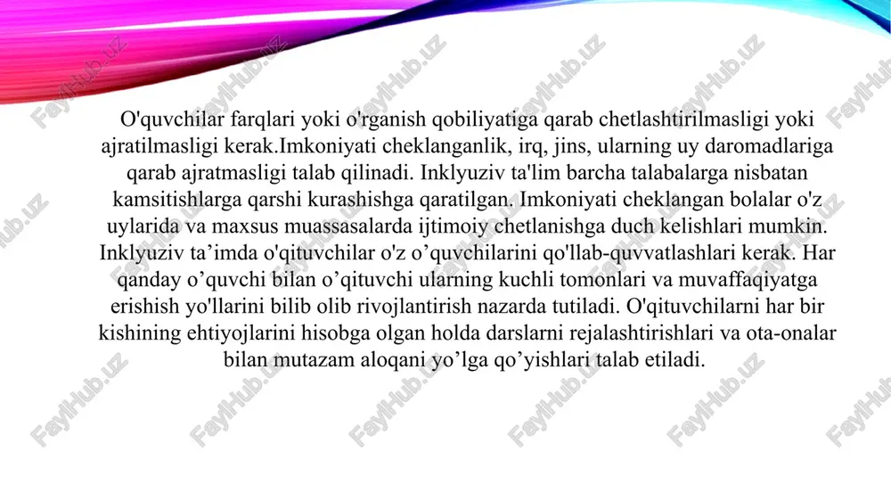 shqa hujjatlar, jumladan, "ta'lim to‘g‘risidagi" qonun va "maxsus ta'lim to‘g‘risidagi" qonun inklyuziv ta'limni rivojlantirishga qaratilgan yuridik bazaning mustahkam poydevori sifatida xizmat qiladi. bu hujjatlar ta'limda tenglikni ta'minlash, maxsus ehtiyojlarga ega bolalar uchun ta'lim imkoniyatlarini kengaytirishga qaratilgan qoidalarni o‘z ichiga oladi. statistik tahlil va monitoring natijalari, maxsus ehtiyojlarga ega bolalarning ta'lim tizimiga kirish imkoniyatlari va inklyuziv ta'limning samaradorligini o‘rgangan holda, mamlakatda inklyuziv ta'lim tizimining ijobiy o‘sish sur'atlarini ko‘rsatadi o‘zbekistonda inklyuziv ta'limni to‘liq joriy etish uchun mavjud ta'lim muassasalarining ko‘pchiligi maxsus ehtiyojlarga ega bolalar uchun moslashmagan. ta'lim binolarining mosligi, zarur o‘quv materiallari va maxsus texnologiyalar bilan ta'minlash masalalari hali ham dolzarb. maxsus ehtiyojlarga ega bolalar bilan ishlash uchun pedagoglar maxsus tayyorlikdan o‘tishlari kerak. o‘qituvchilarning professional rivojlanishi inklyuziv ta'limni samarali tashkil etishning asosiy omillaridan biridir. jamoat va ota-onalarning munosabati: inklyuziv ta'limga bo‘lgan ijtimoiy munosabat hali ham to‘liq ijobiy emas. ba'zi ota-onalar va o‘qituvchilar maxsus ehtiyojlarga ega bolalarga nisbatan o‘zgarishlarga tayyor emas. bu esa …