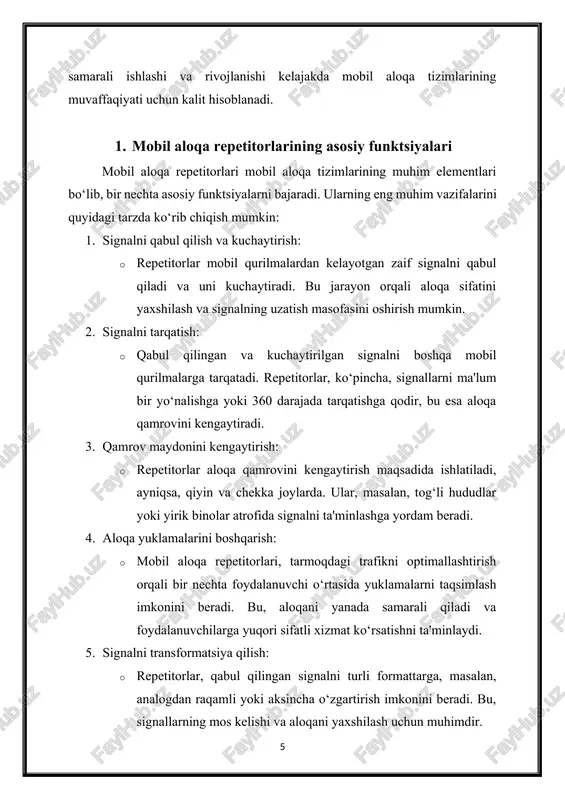 tarmoq uzluksizligi: mobil aloqa xizmatlarini ta'minlashda tarmoq uzluksizligini ta'minlash muhim ahamiyatga ega. tarmoq uzluksizligi, foydalanuvchilarga aloqa xizmatlaridan to'liq foydalana olish imkoniyatini beradi. xizmatlarni monitoring qilish · tarmoq monitoringi: mobil aloqa tizimlarida xizmatlarni monitoring qilish va tahlil qilish muhimdir. bu orqali aloqa sifatini nazorat qilish va muammolarni vaqtida aniqlash mumkin. · foydalanuvchi tajribasi: foydalanuvchilarning aloqa xizmatlari tajribasini o'rganish va tahlil qilish orqali xizmatlarni yaxshilash imkoniyatlari mavjud. ko‘p yo‘nalishli aloqa: · repetitorlar bir vaqtning o‘zida ko‘plab foydalanuvchilarga xizmat ko‘rsatishga qodir, bu esa aloqa tizimlarining samaradorligini oshiradi. mobil aloqa repetitorlarining ushbu funktsiyalari ularni zamonaviy aloqa tizimlarining ajralmas qismi sifatida joylashtiradi va foydalanuvchilar uchun yuqori sifatli, ishonchli aloqani ta'minlashga xizmat qiladi. 2. antennalar turlari va ularning ishlash prinsipi antennalar mobil aloqa tizimlarida signallarni qabul qilish va uzatish uchun muhim rol o‘ynaydi. ular turli turlarga bo‘linadi va har bir tur o‘zining ishlash prinsipi, afzalliklari va kamchiliklariga ega. antennalarning asosiy turlari va ularning ishlash prinsiplari quyidagicha: …