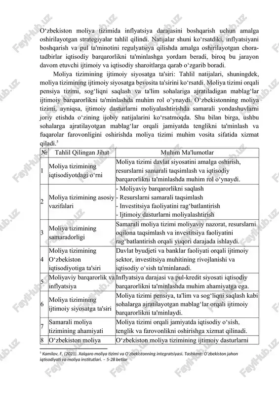 inadi. tadqiqotning bu bosqichi, moliya tizimining samaradorligini va uning iqtisodiyotdagi umumiy ahamiyatini o‘lchashga qaratilgan. tadqiqot metodologiyasi, moliya tizimining o‘zgaruvchan sharoitlarga moslashuvchanligini va mamlakatning iqtisodiy rivojlanishiga qanday ta'sir ko‘rsatishini aniqroq tushunishga yordam beradi. har bir metod orqali olingan natijalar, moliya tizimining samarali ishlashini ta'minlash va davlat siyosatining yaxshilanishiga qaratilgan tavsiyalar ishlab chiqishga imkon beradi. tahlil va natijalar. maqolada o‘rganilgan moliya tizimi va uning iqtisodiyotdagi o‘rni, vazifalari hamda samaradorligi haqidagi tahlillar quyidagi asosiy natijalarga olib keldi: moliya tizimining iqtisodiyotdagi o‘rni: moliya tizimi iqtisodiyotning asosiy komponentlaridan biri sifatida, davlatning ijtimoiy va iqtisodiy siyosatini amalga oshirishda muhim rol o‘ynaydi. moliya tizimi orqali davlat byudjeti va boshqa moliyaviy resurslar samarali taqsimlanadi. bu jarayon iqtisodiy o‘sishni qo‘llab-quvvatlashga, investitsiya faoliyatini rag‘batlantirishga va ijtimoiy sohalarda xizmatlar sifatini oshirishga imkon yaratadi. tahlil shuni ko‘rsatdiki, moliya tizimi faqat iqtisodiy barqarorlikni ta'minlashda emas, balki ijtimoiy siyosatni amalga oshirishda ham bevosita ta'sirga ega. moliya tizimining asosiy vazifalari va uning samaradorligi: moliya tizimi …