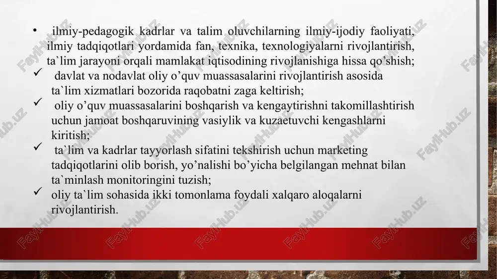 lashtirish, texnik yangilanishlarni joriy etish, innovatsion texnologiyalarni qo'llab-quvvatlash va ta'lim sifatini oshirish uchun keng imkoniyatlar yaratishadi. shuningdek, xorijiy mamlakatlarda ta'lim sohasidagi eng yaxshi tajriba va malakali xodimlarni tayyorlash maqsadida hududlararo hamkorlik katta ahamiyatga ega. mamlakatlar o'quv yurtlari, korxonalar bilan hamkorlik qiladi va xorijiy mamlakatlar bilan o'zaro almashishni rivojlantirish uchun ko'p tadbirlar o'tkazadi. bu xususiyatlar har bir xorijiy mamlakatning iqtisodiy, ijtimoiy, va ma'naviy sharoitlariga, siyosatiga va boshqa ko'rsatkichlarga bog'liq o'zgaradi. e’tiboringiz uchun rahmat image3.jpg image4.png image5.jpeg image6.jpeg /docprops/thumbnail.jpeg