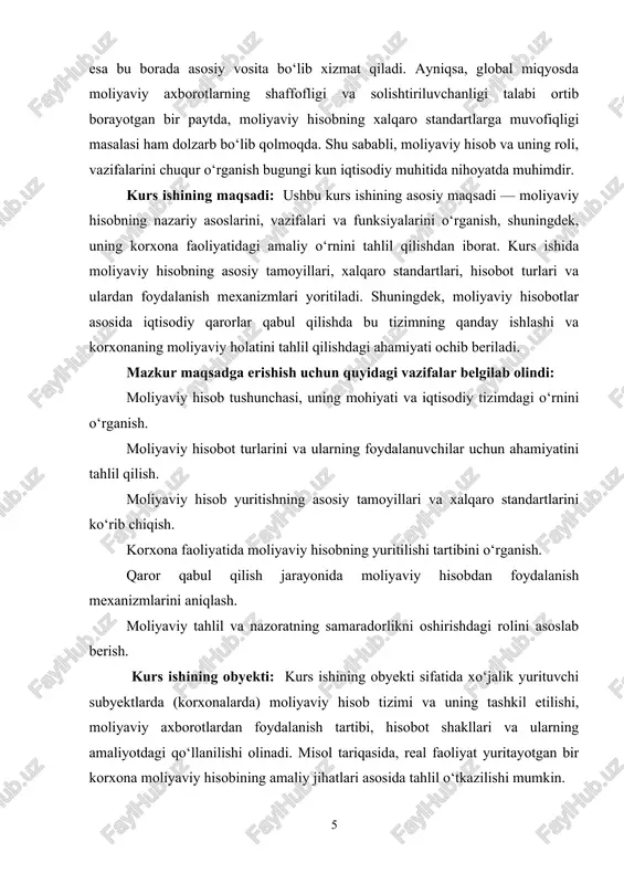 uslubiy asoslar sifatida esa taqqoslash, tahlil, sintetik va analitik usullar, iqtisodiy-statistik usullar, moliyaviy ko‘rsatkichlar asosida tahlil qilish, amaliy misollar orqali o‘rganish usullari qo‘llaniladi. shuningdek, kurs ishida real korxona misolida moliyaviy hisob amaliyoti o‘rganiladi va bu asosida tegishli xulosalar chiqariladi.[footnoteref:3] [3: o‘zbekiston respublikasi prezidentining 2017-yil 7-fevraldagi pq–4947-son qarori – "2017–2021-yillarda o‘zbekiston respublikasini rivojlantirishning beshta ustuvor yo‘nalishi bo‘yicha harakatlar strategiyasi to‘g‘risida". – [elektron manba]: https://lex.uz/docs/3107042 ] kurs ishining tuzilishi. ushbu kurs ishi kirish, 2 bob, 6 ta bo’lim, xulosa, takliflar va foydalanilgan adabiyotlar hamda ilovalar ro’yxatidan iborat. i bob. moliyaviy hisobning nazariy asoslari 1.1. moliyaviy hisob tushunchasi, mohiyati va maqsadi moliyaviy hisob bu — tashkilot faoliyatining moliyaviy natijalarini aniqlash, ularning moliyaviy holatini baholash va bu ma’lumotlarni turli manfaatdor tomonlarga yetkazib berish uchun xizmat qiladigan buxgalteriya hisobining tarkibiy qismlaridan biridir. bu hisob turida barcha xo‘jalik operatsiyalari tizimli, aniq va hujjatlar asosida aks ettiriladi. moliyaviy hisob asosan tashqi foydalanuvchilar — investorlar, kreditorlar, soliq idoralari, …