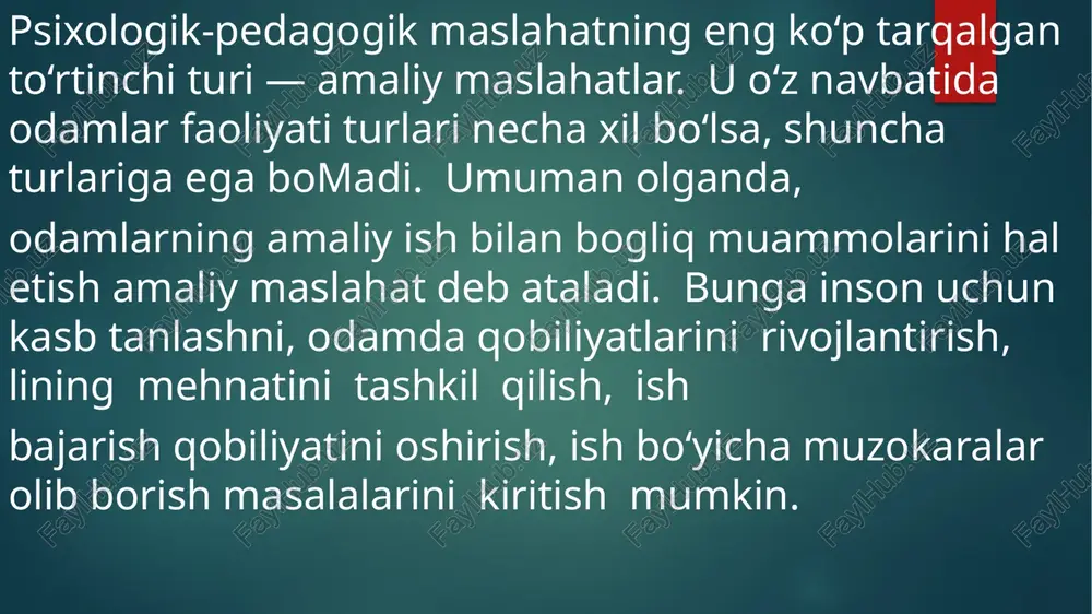 asi bilan belgilangan inson huquqi asoslarini hurmat qiladi. 5. mijozlar bilan ishlashda psixolog-maslahatchi halollik va ochiqlik tamoyillariga amal qiladi. shu bilan birga u mijozga maslahat va tavsiyalarni berganda puxta o‘ylashi va ehtiyot bo‘lishi kerak. 6. psixolog-maslahatchi mijoz huquqlari buzilishini sezganda o ‘z kasbiy birlashmalari a’zolari, hamkasblariga xabar berish, mijozlar bilan insonparvarlik munosabatlari buzilayotgani holatlarini aytishi kerak. 7. psixolog-maslahatchi mijozlarga kerakli ma’lumoti, malakasi, bilimlari va ixtisosi mavjud bo‘lgan xizmatlarni ko‘rsatishi mumkin. 8. 0 ‘z ishida psixolog-maslahatchi faqat zamonaviy umumfan standartlariga javob beradigan sinovdan o‘tgan metodikalarni qo‘llashi kerak. 9. 0 ‘zining bilimlari va malakalarini doimiy ravishda yuksak darajasini ta’minlab turish psixolog-maslahatchining majburiy tarkibiy qismi hisoblanadi. 10. ilmiy tajribalarga to ‘la javob bermaydigan, yetarlicha sinovdan o ‘tmagan psixologik metodlar va tavsiyalarni qo‘llashga majbur bo‘lganida psixolog-maslahatchi bu haqida o‘z mijozlarini ogohlantirishi va o‘z xulosalarida juda ehtiyot bo‘lishi kerak. 11. psixolog-maslahatchi o ‘z mijozi to‘g‘risida ma’lumotni oshkor qilishga yoki maslahatlar natijasi to‘g‘risida ma’lumotni uchinchi shaxsga …