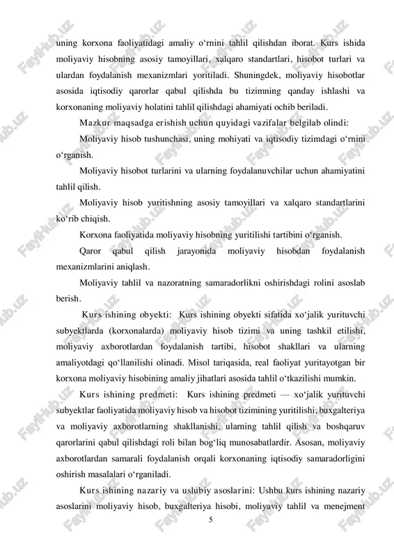 miy-nazariy ishlanmalari tashkil etadi. uslubiy asoslar sifatida esa taqqoslash, tahlil, sintetik va analitik usullar, iqtisodiy-statistik usullar, moliyaviy ko‘rsatkichlar asosida tahlil qilish, amaliy misollar orqali o‘rganish usullari qo‘llaniladi. shuningdek, kurs ishida real korxona misolida moliyaviy hisob amaliyoti o‘rganiladi va bu asosida tegishli xulosalar chiqariladi.3 kurs ishining tuzilishi. ushbu kurs ishi kirish, 2 bob, 6 ta bo’lim, xulosa, takliflar va foydalanilgan adabiyotlar hamda ilovalar ro’yxatidan iborat. 3 o‘zbekiston respublikasi prezidentining 2017-yil 7-fevraldagi pq–4947-son qarori – "2017–2021-yillarda o‘zbekiston respublikasini rivojlantirishning beshta ustuvor yo‘nalishi bo‘yicha harakatlar strategiyasi to‘g‘risida". – [elektron manba]: https://lex.uz/docs/3107042 https://lex.uz/docs/3107042 7 i bob. moliyaviy hisobning nazariy asoslari 1.1. moliyaviy hisob tushunchasi, mohiyati va maqsadi moliyaviy hisob bu — tashkilot faoliyatining moliyaviy natijalarini aniqlash, ularning moliyaviy holatini baholash va bu ma’lumotlarni turli manfaatdor tomonlarga yetkazib berish uchun xizmat qiladigan buxgalteriya hisobining tarkibiy qismlaridan biridir. bu hisob turida barcha xo‘jalik operatsiyalari tizimli, aniq va hujjatlar asosida aks ettiriladi. moliyaviy hisob asosan tashqi foydalanuvchilar …