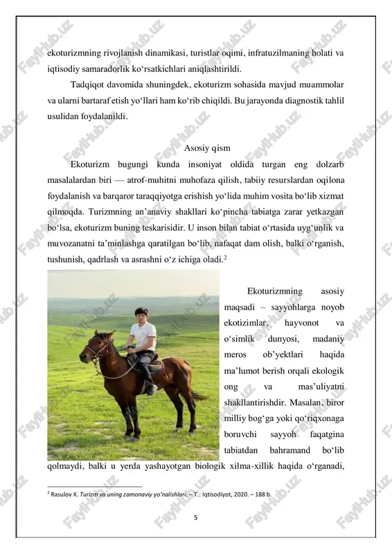 da ma’lumot berish orqali ekologik ong va mas’uliyatni shakllantirishdir. masalan, biror milliy bog‘ga yoki qo‘riqxonaga boruvchi sayyoh faqatgina tabiatdan bahramand bo‘lib qolmaydi, balki u yerda yashayotgan biologik xilma-xillik haqida o‘rganadi, 2 rasulov x. turizm va uning zamonaviy yo‘nalishlari. – t.: iqtisodiyot, 2020. – 188 b. 6 ekologik muvozanatni buzmaslikka harakat qiladi, chiqindilarni qoldirmaslik, hayvonlarga xalaqit bermaslik, o‘simliklarni uzmaslik kabi qoidalarga rioya qiladi. bu esa, o‘z navbatida, sayyohning ekologik madaniyatini oshiradi. 1-rasm. baykalning asl tabiati. chivyrkuiskiy ko'rfazidagi zmeinaya ko'rfazi ( buryatiya ) ekoturizmning turizm sohasidagi o‘rni va ahamiyati ko‘p jihatdan uning iqtisodiy, ijtimoiy va ekologik foydasi bilan bog‘liqdir. iqtisodiy nuqtayi nazardan, ekoturizm chekka hududlarda yashovchi aholiga daromad manbai yaratadi. bu yo‘nalishdagi turistik xizmatlar – ekologik ekskursiyalar, mahalliy ovqatlar, hunarmandchilik mahsulotlari, yo‘riqchilik xizmati va boshqalar orqali mahalliy aholi barqaror daromadga ega bo‘ladi. shu bilan birga, sayyohlar sonining ko‘payishi yangi ish o‘rinlarining paydo bo‘lishiga, mahalliy infratuzilmaning rivojlanishiga xizmat qiladi.3 ijtimoiy jihatdan esa, ekoturizm …