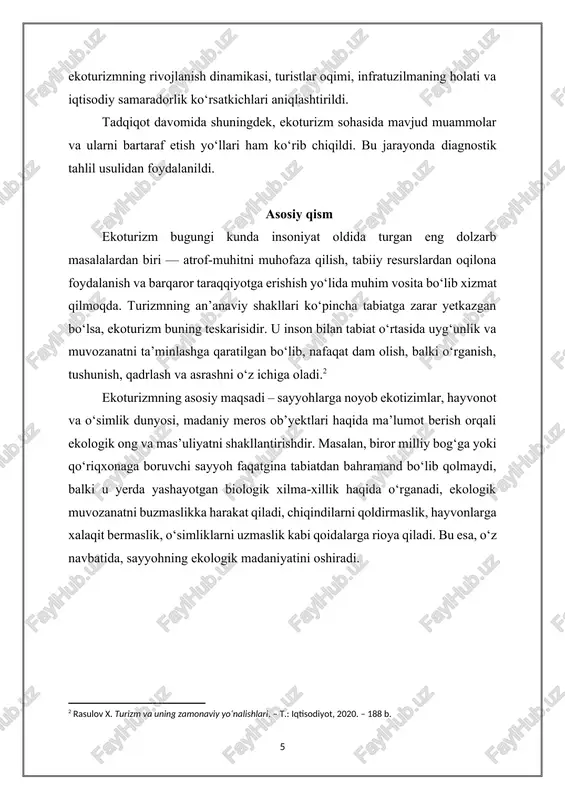 zmning asosiy maqsadi – sayyohlarga noyob ekotizimlar, hayvonot va o‘simlik dunyosi, madaniy meros ob’yektlari haqida ma’lumot berish orqali ekologik ong va mas’uliyatni shakllantirishdir. masalan, biror milliy bog‘ga yoki qo‘riqxonaga boruvchi sayyoh faqatgina tabiatdan bahramand bo‘lib qolmaydi, balki u yerda yashayotgan biologik xilma-xillik haqida o‘rganadi, ekologik muvozanatni buzmaslikka harakat qiladi, chiqindilarni qoldirmaslik, hayvonlarga xalaqit bermaslik, o‘simliklarni uzmaslik kabi qoidalarga rioya qiladi. bu esa, o‘z navbatida, sayyohning ekologik madaniyatini oshiradi. 1-rasm. baykalning asl tabiati. chivyrkuiskiy ko'rfazidagi zmeinaya ko'rfazi ( buryatiya ) ekoturizmning turizm sohasidagi o‘rni va ahamiyati ko‘p jihatdan uning iqtisodiy, ijtimoiy va ekologik foydasi bilan bog‘liqdir. iqtisodiy nuqtayi nazardan, ekoturizm chekka hududlarda yashovchi aholiga daromad manbai yaratadi. bu yo‘nalishdagi turistik xizmatlar – ekologik ekskursiyalar, mahalliy ovqatlar, hunarmandchilik mahsulotlari, yo‘riqchilik xizmati va boshqalar orqali mahalliy aholi barqaror daromadga ega bo‘ladi. shu bilan birga, sayyohlar sonining ko‘payishi yangi ish o‘rinlarining paydo bo‘lishiga, mahalliy infratuzilmaning rivojlanishiga xizmat qiladi.[footnoteref:3] [3: sharipov m. ekoturizm: nazariya va …