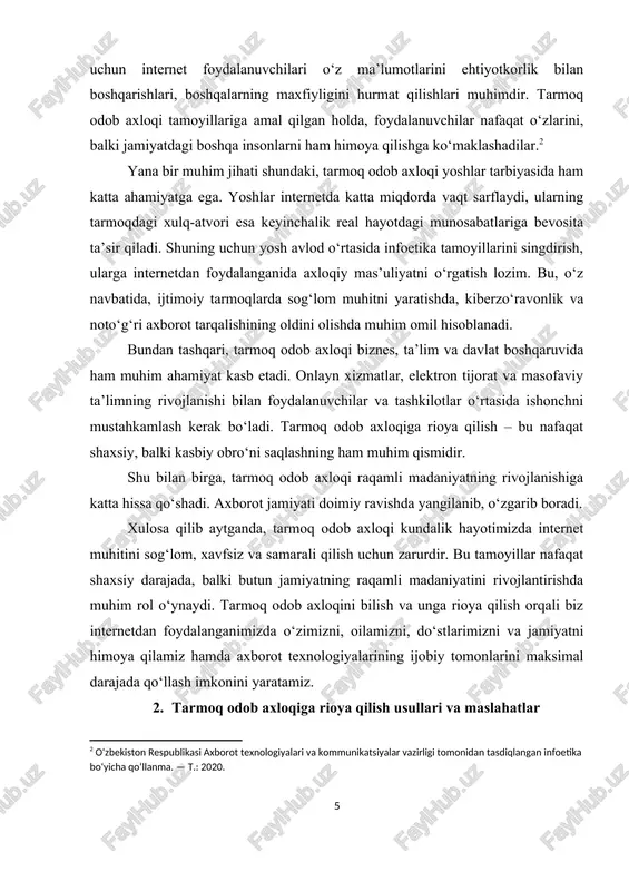 m beradi. manbalarning ishonchliligini tekshirish: axborotni tarqatishda uning to‘g‘riligiga e’tibor berish kerak. soxta yangiliklar, tuhmat yoki noto‘g‘ri ma’lumotlar jamiyatda noxushlik va tushunmovchiliklarni keltirib chiqaradi. shuning uchun har doim axborot manbasini tekshirish, faktlarni tasdiqlash muhim. ijobiy kommunikatsiyani rivojlantirish: internetdagi suhbatlar va fikr almashinuvlarda doimo ijobiy, quruvchi va hurmatli yondashuvni qo‘llash foydalidir. kiberzo‘ravonlik va salbiy xulq-atvorni kamaytirish uchun konstruktiv fikrlar bildirilib, boshqalar bilan hamkorlik qilish lozim. muvofiq tarmoqlardan foydalanish: har bir ijtimoiy tarmoq va platformaning o‘z qoidalari mavjud. ularni o‘rganib chiqish va ularga amal qilish, spam va noto‘g‘ri kontent tarqatmaslik tarmoq odob axloqini saqlashga yordam beradi. yoshlarni infoetika qoidalariga o‘rgatish: yosh avlodni internetdan mas’uliyat bilan foydalanishga o‘rgatish, ularga tarmoqdagi xavf-xatarlar va axloqiy me’yorlar haqida muntazam tushuntirishlar berish zarur. bu kelajakda ijtimoiy tarmoqlarda madaniyatli va bilimli foydalanuvchilarni shakllantirishga yordam beradi. texnologik vositalardan foydalanish: internetda xavfsizlikni oshirish uchun antivirus dasturlari, maxfiylik sozlamalari va ota-ona nazorati kabi texnologik vositalardan foydalanish tavsiya etiladi. bu foydalanuvchilarni zararli …