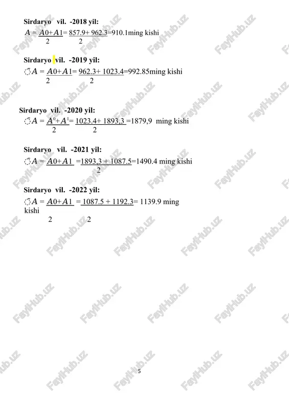 jon vil. -2020-yil ko`= ao’*1000/-a=15542*1000/2948040= 5.2% andijon vil. -2021-yil ko`= ao’*1000/-a=16933*1000/2998290= 5.6% andijon vil. -2022-yil ko`= ao’*1000/-a=18433*1000/3064321= 6% sirdaryo vil. -2018 -yil ko`= ao’*1000/-a=6928*1000/1939240 = 3.5% sirdaryo vil. -2019 -yil ko`= ao’*1000/-a=7560*1000/1962010 = 3.87% sirdaryo vil. -2020 -yil ko`= ao’*1000/-a=8791*1000/1987610 = 4.44% sirdaryo vil. -2021 -yil ko`= ao’*1000/-a=8987*1000/1998951 = 4.4% sirdaryo vil. -2022 -yil ko`= ao’*1000/-a=9028*1000/2021350= 4.46% mutloq tabiiy o’zgarish quyidagicha hisoblanadi: andijon vil. -2018-yil dto'=𝐴𝑡𝑢𝑔` −𝐴𝑜`= 72830 – 13532 = 59298 kishi andijon vil. -2019-yil dto'=𝐴𝑡𝑢𝑔` −𝐴𝑜`= 74120 – 14537 = 59583 kishi andijon vil. -2020-yil dto'=𝐴𝑡𝑢𝑔` −𝐴𝑜`= 78961 – 15542 = 63419 kishi andijon vil. -2021-yil dto'=𝐴𝑡𝑢𝑔` −𝐴𝑜`= 82337 – 16933 = 65404 kishi andijon vil. -2022-yil dto'=𝐴𝑡𝑢𝑔` −𝐴𝑜`= 87341 – 18433 = 68908 kishi sirdaryo vil. -2018 -yil dto'=𝐴𝑡𝑢𝑔` −𝐴𝑜`= 35202 – 6928 = 28274 kishi sirdaryo vil. -2019 -yil dto'=𝐴𝑡𝑢𝑔` −𝐴𝑜`= 41092 – 7560 =33532 kishi sirdaryo vil. -2020 -yil dto'=𝐴𝑡𝑢𝑔` −𝐴𝑜`= 36921 – 8791 =28130 …