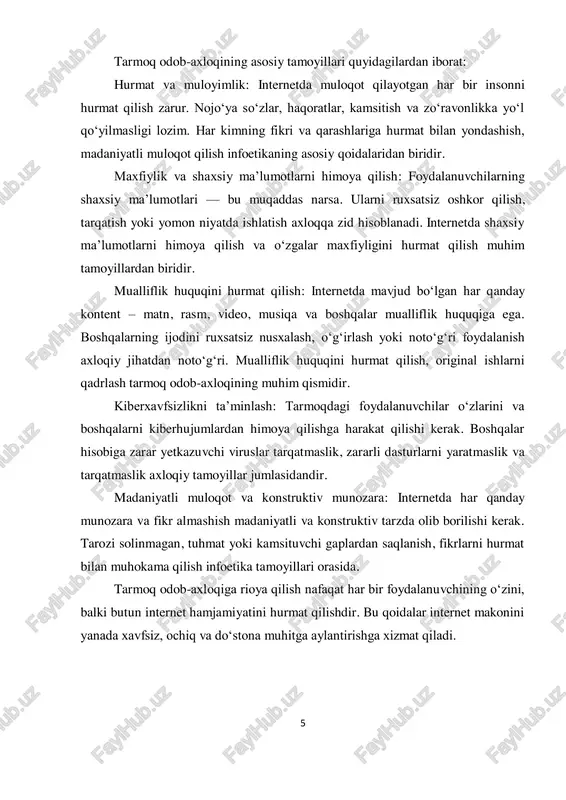 oiy javobgarlik bilan foydalanish zarur. ijtimoiy manfaatlarni ustun qo‘yish quyidagilarni o‘z ichiga oladi: axborotni ehtiyotkorlik bilan tarqatish: tarqatilayotgan ma’lumot jamiyatga foyda keltirishiga e’tibor berish, salbiy yoki zararli ma’lumotlarni yoymaslik. yordam va qo‘llab-quvvatlash: internet orqali boshqalarga yordam berish, foydali resurslarni ulashish va ijtimoiy loyihalarda faol ishtirok etish. jamiyatdagi turli guruhlar manfaatlarini hisobga olish: internetda faoliyat olib borishda turli millat, din, yosh va ijtimoiy guruhlarga hurmat bilan yondashish. ijtimoiy barqarorlikni saqlash: internetdagi fikr almashinuvlari va munozaralar ijtimoiy tartib va barqarorlikni buzmasligi kerak. bu tamoyil yordamida internet makoni faqat shaxsiy ehtiyojlarni qondirish joyi emas, balki butun jamiyat manfaatlari uchun xizmat qiladigan platformaga aylanadi. shunday qilib, infoetika har bir foydalanuvchidan o‘z harakatlari uchun nafaqat shaxsiy, balki ijtimoiy javobgarlikni ham talab qiladi. infoetikaning ushbu tamoyillari internet makonida madaniyatli va mas’uliyatli muloqotni ta’minlab, axborot texnologiyalaridan foydalanishni yanada samarali va xavfsiz qiladi. 8 3. tarmoq odob-axloqining ijtimoiy ta’siri internet va axborot texnologiyalari jamiyat hayotining ajralmas qismiga aylangani …