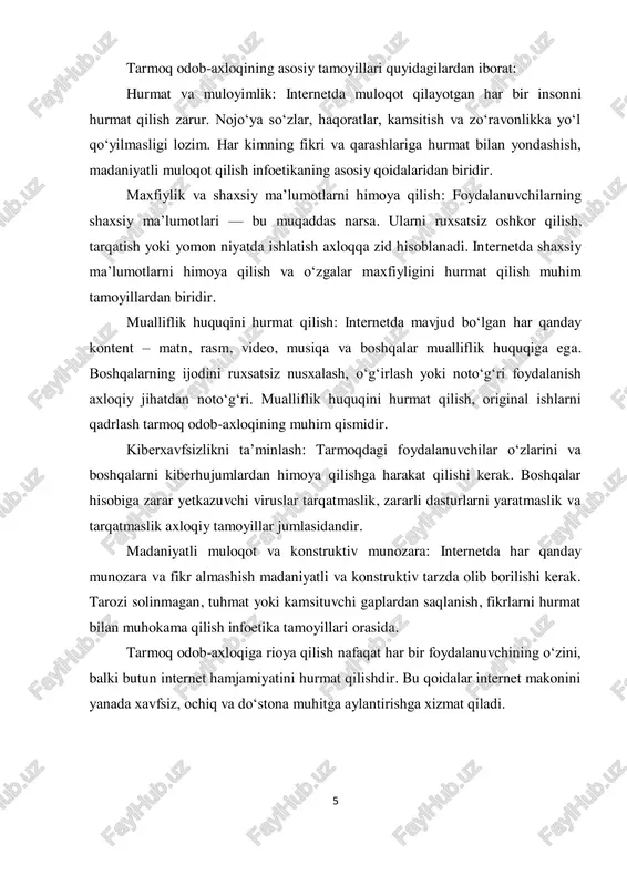 bilan baholash va ijtimoiy javobgarlik bilan foydalanish zarur. ijtimoiy manfaatlarni ustun qo‘yish quyidagilarni o‘z ichiga oladi: axborotni ehtiyotkorlik bilan tarqatish: tarqatilayotgan ma’lumot jamiyatga foyda keltirishiga e’tibor berish, salbiy yoki zararli ma’lumotlarni yoymaslik. yordam va qo‘llab-quvvatlash: internet orqali boshqalarga yordam berish, foydali resurslarni ulashish va ijtimoiy loyihalarda faol ishtirok etish. jamiyatdagi turli guruhlar manfaatlarini hisobga olish: internetda faoliyat olib borishda turli millat, din, yosh va ijtimoiy guruhlarga hurmat bilan yondashish. ijtimoiy barqarorlikni saqlash: internetdagi fikr almashinuvlari va munozaralar ijtimoiy tartib va barqarorlikni buzmasligi kerak. bu tamoyil yordamida internet makoni faqat shaxsiy ehtiyojlarni qondirish joyi emas, balki butun jamiyat manfaatlari uchun xizmat qiladigan platformaga aylanadi. shunday qilib, infoetika har bir foydalanuvchidan o‘z harakatlari uchun nafaqat shaxsiy, balki ijtimoiy javobgarlikni ham talab qiladi. infoetikaning ushbu tamoyillari internet makonida madaniyatli va mas’uliyatli muloqotni ta’minlab, axborot texnologiyalaridan foydalanishni yanada samarali va xavfsiz qiladi. 8 3. tarmoq odob-axloqining ijtimoiy ta’siri internet va axborot texnologiyalari jamiyat hayotining …