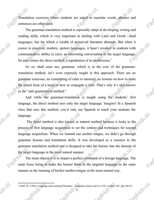 l way. in traditional language-learning, pupil participation was found to be diminished as the teaching is perceived to be long and monotonous. direct method in teaching a language is directly establishing an immediate and audio visual association between experience and expression, words and phrases, idioms and meanings, rules and performances through the teachers' body and mental skills, without any help of the learners' mother tongue. 1.2 the aims and special characteristics, of using direct method in teaching english to a2 level students. the direct method aims at establishing a direct bond between experience and expression. according to the direct method, the students should think directly in english. direct method of teaching languages aims to build a direct way into the world of the target language making a relation between experience and language, word and idea, thought and expression rule and performance. this method intends for students to learn how to …