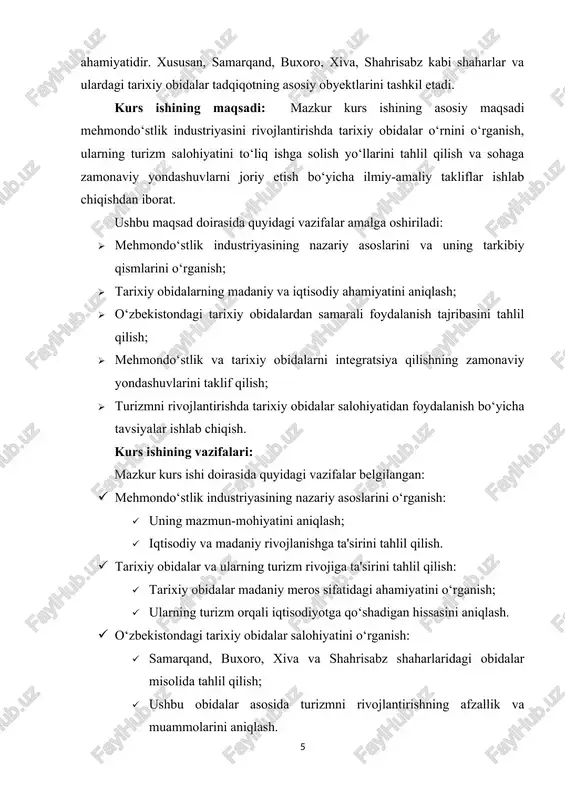 · tarixiy obidalar salohiyatidan to‘liq foydalanish yo‘llarini aniqlash; · mehmondo‘stlik industriyasini rivojlantirish uchun aniq chora-tadbirlarni taklif etish. 2.1 mehmondostlik industriyasining nazariy asoslari mehmondo‘stlik industriyasi – bu turizm, ovqatlanish xizmatlari, mehmonxona biznesi va rekreatsion faoliyatlarni o‘z ichiga oluvchi keng qamrovli sohadir. ushbu soha sayohatchilarga xizmat ko‘rsatish, madaniy, ijtimoiy va iqtisodiy ehtiyojlarni qondirishga qaratilgan. mehmondo‘stlik industriyasining tarkibiy qismlari quyidagilardan iborat: · mehmonxona biznesi: turli turdagi mehmonxonalar, dam olish maskanlari, ijaraga beriladigan xonadonlar; · ovqatlanish xizmatlari: restoranlar, kafelar, fast-food va catering xizmatlari; · turizm xizmatlari: sayohat agentliklari, yo‘l ko‘rsatish xizmatlari, ekskursiyalar; · transport va logistika xizmatlari: avia, temir yo‘l, avtobus va shaxsiy transport xizmatlari; · ko‘ngilochar xizmatlar: madaniy tadbirlar, festivallar, ko‘rgazmalar, sport musobaqalari. mehmondo‘stlik industriyasi – bu turizm, mehmonxona biznesi, ovqatlanish, sport va ko‘ngilochar xizmatlar, rekreatsion faoliyatlar va madaniy tadbirlarni o‘z ichiga oluvchi keng qamrovli sohadir. u xalqaro va ichki turizmni rivojlantirish, iqtisodiy o‘sish va madaniy almashuvni ta'minlashda muhim o‘rin tutadi. mehmondo‘stlikning asosiy …