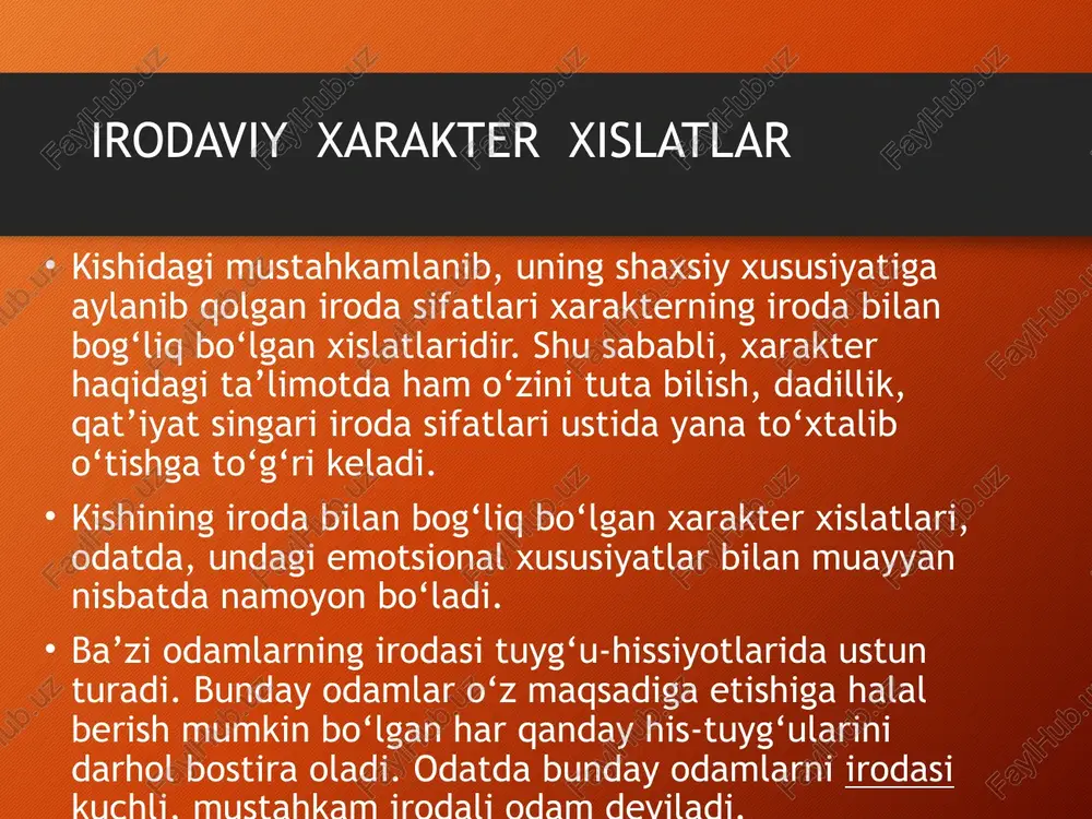 ari mumkin. ular sharoit talab qilgan darajada sabot, sabr toqat, matonat va chidam ko‘rsata olmaydilar. bunday odamlar yuraksiz, landovur, dangasa, ko‘ngli bo‘sh bo‘ladilar. bunday odamlarning hatti-harakatlarini, odatda, o‘zlaridan ko‘ra ko‘proq tashqi sharoit idora qiladi. bunday xarakterli odamlar umidsizlikka moyil bo‘lib, hayotga, turmushga noshukurlik bilan qaraydilar. ular hamma vaqt hamma erda, hamma odamlarda faqat salbiy, yomon tomoninigina ko‘radilar. ularning fikricha, o‘zlaridagi barcha shaxsiy kamchilik va etishmovchiliklarga boshqalar aybdor. bunday tipdagi ba’zi odamlar beparvo, ko‘ngilchanlikka moyil bo‘ladilar. bunday xarakter xislatlari bizdan yo‘qolib bormoqda . xarakterning mustaqilligi kishida muayyan darajada namoyon bo‘ladigan mustaqillik shaxsning iroda bilan bog‘liq bo‘lgan individual xususiyatlariga kiradi. bunday xarakter xislatlari: tashabbuskorlik, tanqidiy qarash va mas’uliyat his qilishdan iboratdir. tashabbuskorlik – xarakterning qimmatli xislati bo‘lib, bu xislat ko‘pchilik kishilarida ommaviy tus olgandir. tashabbuskor kishilar – faol kishilardir, ular novatorlardir. kishining intizomlilik tariqasida namoyon bo‘ladigan xa­rakter xislati jamiyat talablariga ongli va ixtiyoriy ravishda bo‘ysunishda ifodalanadi. jumladan, intizomlilik belgilangan tartib-intizomlarga aniq rioya …