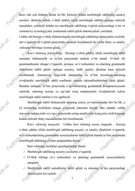  morfologik tahlilning nazariy asoslarini o‘rganish;  o‘zbek tilidagi so‘z turkumlari va ularning grammatik xususiyatlarini aniqlash;  morfologik tahlil metodlarini tahlil qilish va ularning ta’lim jarayonidagi ahamiyatini ko‘rsatish; 6  o‘zbek tilida morfologik tahlil qilishda uchraydigan qiyinchiliklarni aniqlash va ularga yechim taklif qilish;  zamonaviy texnologiyalar yordamida morfologik tahlil qilish imkoniyatlarini ko‘rib chiqish. ushbu tadqiqot natijalari tilshunoslik sohasida morfologik tahlilning ahamiyatini yoritish va uni samarali o‘qitish usullarini ishlab chiqishga xizmat qiladi. kurs ishining vazifalari: ushbu kurs ishining asosiy vazifalari quyidagilardan iborat:  morfologik tahlilning nazariy asoslarini o‘rganish – tilshunoslikdagi morfologiya bo‘limining ahamiyati, so‘zlarning grammatik tuzilishi va ularning tahlil qilish usullarini aniqlash.  o‘zbek tilidagi so‘z turkumlari va ularning grammatik xususiyatlarini tahlil qilish – har bir so‘z turkumining morfologik belgilari va ularning nutqdagi roli.  morfologik tahlil metodlarini o‘rganish – an’anaviy va zamonaviy tahlil usullari hamda ularning ta’lim jarayonida qo‘llanilishi.  o‘zbek tilida morfologik tahlil qilishda uchraydigan qiyinchiliklarni aniqlash – morfologik …