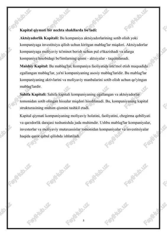 edit olishga qiziqishi va undagi ko'payganlikni ifodalaydi. agar kompaniya moliyaviy qarz qobiliyatiga ega bo'lsa, u kreditlar olish sohalarini kengaytirish va yangi investitsiya imkoniyatlarini oshirishga intiladi. · · moliyaviy qarz qobiliyati: kapital qiymati ko'paygan bo'lsa, bu kompaniyaning moliyaviy qarz qobiliyatini oshishi mumkin. agar kompaniya kapital qiymatini oshirish uchun mablag'larga ega bo'lsa, unda uning kreditlarni olish va qarzdorlik darajasini oshirish imkoniyati yuqoriroq bo'ladi. · daromad va daromadlilik: kapital qiymati, kompaniyaning daromadni oshirishga qanday iste'molchi kapitalga ega bo'lishini ifodalaydi. agar kapital qiymati ko'paygan bo'lsa, bu daromad olish imkonini kengaytirish va kompaniya faoliyatini oshirish imkoniyatini ko'rsatishi mumkin. · moliyaviy barqarorlik va hisob-kitob: kapital qiymati kompaniyaning moliyaviy barqarorligini ta'minlashda muhimdir. kapital qiymati ko'paygan holda, bu kompaniyaning istiqbolini, qobiliyatini va boshqa moliyaviy ko'rsatkichlarini oshirishi mumkin. · sahifa kapitali va moliyaviy struktura: kapital qiymati, sahifa kapitali va moliyaviy strukturada o'zgarishlarga olib kelishi mumkin. ushbu o'zgarishlar kompaniyaning qaror qabul qilish jarayonlarini, korxonadagi hissalar va egallangan bo'limlarning miqdorini ham …