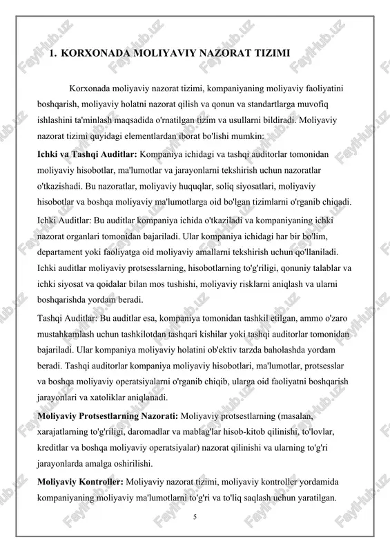 tlar va usullar bo'yicha ta'lim beradi. monitoring tizimi orqali moliyaviy tizimning ishlashini nazorat qilish uchun muvofiq qo'llanma va vositalar taqdim etiladi. moliyaviy nazorat tizimi, kompaniya rahbariyati va moliyaviy bo'yicha mutaxassislar tomonidan ko'rsatiladi va moliyaviy himoya, ishonch va to'liqlikni ta'minlashda kritik ahamiyatga ega. 2. moliyaviy risklar va ularni boshqarish usullari moliyaviy risklar, bir korxonaning moliyaviy faoliyati davomida yuzaga kelishi mumkin bo'lgan zararli voqelardir. bu risklar kompaniya kapitali, daromadlari, operatsiyalari va obro'sini ta'sir qila oladi. moliyaviy risklarni boshqarish esa kompaniya uchun muhimdir, chunki ularni bartaraf qilmaslik holatida kompaniya moliyaviy faoliyati va to'g'ri ishlashida zarar keltirishi mumkin. quyidagi yo'llar moliyaviy risklarni boshqarishda yordam berishi mumkin: risko qarshi kurash strategiyalari: kompaniya rahbariyati va moliyaviy bo'yicha mutaxassislar tomonidan moliyaviy risklar tahlili o'tkazilib, risklar ro'yxati yaratiladi va ularni boshqarish uchun strategiyalar belgilanadi. bu strategiyalar risklarni qandayga qarshi kurish va ularni kamaytirishning qanday yo'llarini aniqlashga yordam beradi. risko qarshi kurash strategiyalari, bir korxona yoki tashkilotda moliyaviy risklarga …