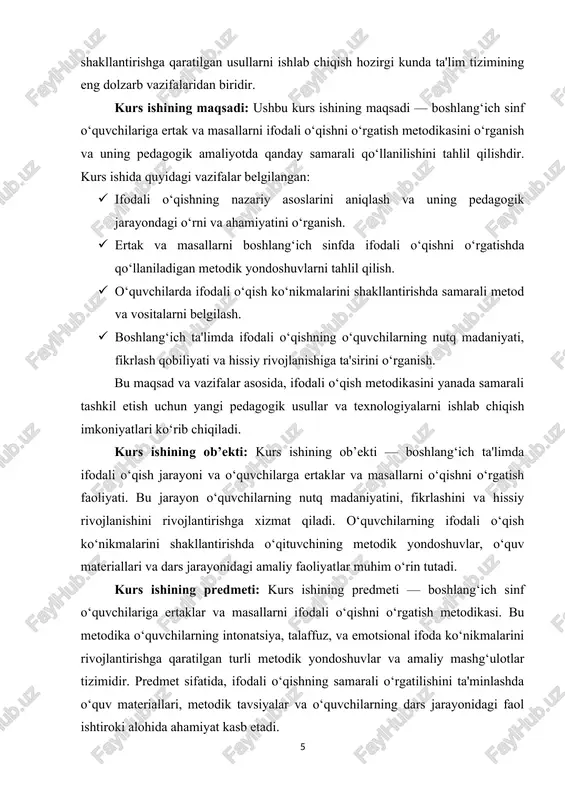 dlarini tahlil qilish: o‘quvchilarda ifodali o‘qish ko‘nikmalarini shakllantirishda samarali metodlarni belgilash va ularni amaliyotda qo‘llash. o‘quvchilarda nutq madaniyati va hissiy rivojlanishni shakllantirish: ertak va masallarga asoslangan mashg‘ulotlar orqali o‘quvchilarning nutq madaniyati, emotsional ifodasi va fikrlash qobiliyatlarini rivojlantirish. innovatsion pedagogik texnologiyalarni qo‘llash: zamonaviy pedagogik texnologiyalar va interaktiv metodlarni qo‘llab, o‘quvchilarda ifodali o‘qish ko‘nikmalarini yanada samarali shakllantirish. kurs ishining metodlari: tadqiqot quyidagi ilmiy usullarga asoslanadi. tahlil va sintez: ifodali o‘qish va pedagogik metodlarni tahlil qilish va sintez qilish orqali o‘quvchilarni o‘qish jarayonida qo‘llanadigan metodik yondoshuvlarni aniqlash. turli metodik yondoshuvlarni taqqoslash orqali ifodali o‘qishning samaradorligini baholash va eng samarali usullarni aniqlash. amaliyot va kuzatuv: o‘quvchilar bilan to‘g‘ridan-to‘g‘ri amaliy mashg‘ulotlar o‘tkazish, ularning natijalarini kuzatish va baholash. o‘quvchilarning ifodali o‘qish ko‘nikmalarini rivojlantirishda qo‘llangan metodlar va yondoshuvlarning samaradorligi haqida xulosa chiqarish. kurs ishining tarkibi: kirish, 2 ta bob, 4ta bulim, xulosa, foydalanilgan adabiyotlar ro’yxatidan iborat. i bob. ifodali o‘qishning nazariy asoslari 1.1. ifodali o‘qish tushunchasi va …