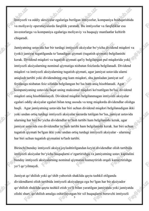 asalalar. 2. imtiyozli aksiyalar nima uchun muhimdir va insonlarga qanday foyda keltiradi imtiyozli aksiyalar, kompaniya egalariga bir necha imtiyoz va foydalanish imkoniyatlarini taqdim etish orqali bir investitsiya shaklini ifodalaydi. ular kompaniya kapitalini olishda, dividendlardan foydalanishda va boshqa huquqiy tartibotlarda qanday foyda keltirishlari mumkin. imtiyozli aksiyalar egalariga quyidagi foydalar ta'minlanishi mumkin: dividend imtiyozlari: imtiyozli aktsiyalar odatda oddiy aktsiyalarga nisbatan oldindan dividend olish imkoniyatini taqdim etadi. bu dividendlar, kompaniya kassasidagi daromadlardan avval imtiyozli aktsiyalar egalariga to'lanadi. saylov huquqlari: imtiyozli aktsiyalar egalariga boshqarishda so'zga ega bo'lish imkonini beradi. bu, kompaniya boshqaruvining yuritilishida o'zlarining ovozlari bo'lishiga imkon beradi. qayta tashkil etish yoki likvidatsiya paytida imtiyozlar: agar kompaniya qayta tashkil etilishi yoki likvidatsiya bo'lishi bo'lsa, imtiyozli aktsiyalar egalariga oddiy aktsiyalarga nisbatan o'rtacha kapitalni olmasdan qayta tashkil etish yoki likvidatsiyada oldindan hissaga ega bo'lish imkoniyatini berishi mumkin. riskni kamaytirish: imtiyozli aktsiyalar, kompaniya muvaffaqiyatli bo'lsa ham, jarayonlarda zarar ko'rsatganda ham, oddiy aktsiyalardan yuqori darajada xavfsizlik va stabil …