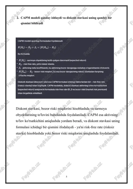 moliyaviy qarorlar qabul qilishda asosiy faktor bo'lib, moliyaviy tizimda qanday muddatda qancha mablag‘larni kutilganlik darajasida hisoblashda kritik ahamiyatga ega. 4. diskont stavkasi va capm ni amaliyotda qanday qo‘llab-quvvatlash mumkin diskont stavkasi (discount rate) va capital asset pricing model (capm) amaliyotda moliyaviy baholash, investitsiyalar, moliyaviy varahshalar uchun to‘lov ko‘rsatkichlarini belgilash, moliyaviy qarorlar qabul qilish va boshqa moliyaviy operatsiyalarda foydalanishda qo‘llaniladi. ular bir-biriga bog‘liq va birgalikda moliyaviy modellarda foydalanish mumkin: investitsiyalarni qiymatlash va baholash: investitsiya loyihalarini qiymatlashda vaqtni o‘tishga qanday e'tibor qaratish kerakligini aniqlashda diskont stavkasi va capm modeli muhimdir. investitsiyalarning muddati va kutilayotgan daromadi moliyaviy qarorlar qabul qilishda yordam beradi. portfolio management: capm, portfeyl boshqaruvini moliyaviy modellashda o‘nemli o‘rin egallaydi. portfeyl qurishda qaysi aktivlarni qo'shish, qaysi aktivlarni olib tashlash kerakligini aniqlashda foydalaniladi. varahsha baholash: diskont stavkasi, moliyaviy varahshalar uchun to‘lov ko‘rsatkichlarini belgilashda foydalaniladi. bu esa aktivlarning sotish, sotib olish, moliyalashtirishda va investitsiyalarni qiymatlashda yordam beradi. riskni baholash va zarar kutilayotganlik (value …