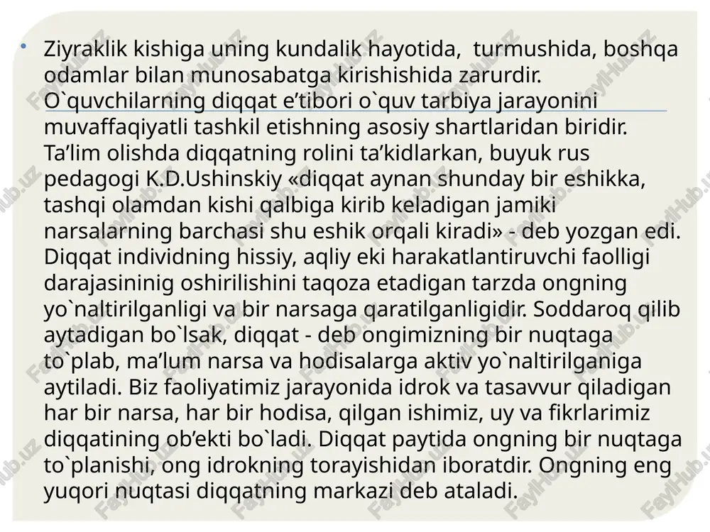 li juda ko`p no’malum, tushunib bo`lmaydigan kutilmagan, yashirin narsalar borligidan dalolat beradi. tafakkur shuning uchun ham zarurki, haet va faoliyat davomida har bir individ narsalarning qandaydir yangi, ilgari ma’lum bo`lmagan xususiyatlariga duch keladi. tafakkur hamisha hali bilib olinmagan yangilikning ana shunday cheksiz chuqur jihatlariga qaratilgan bo`ladi. har bir odam tafakkur qilar ekan buning bilan shu paytgacha qandaydir yangilikni, noma’lum narsani mustaqil ravishda qayd qiladi. tafakkur jiddiy ravishda yangilik qidirish va ochishga ijtimoiy jihatdan bogliq, aloqador psixik jarayondir. tafakkur amaliy faoliyat asosida hissiy bilimlardan paydo bo`ladi va hissiy bilim chegarasidan ancha tashqariga chiqib ketadi. tafakkur so`zi arabcha “fikr” so`zidan kelib chiqqan bo`lib, o`ylash, muhokama, mushohada va fikr yuritish ma’nolarini bildiradi. inson borki u fikr yuritish qobiliyatiga ega. bilish faoliyati sezish va idrok qilishdan boshlanadi va keyin tafakkurga o`tib ketishi mumkin. biroq istagan tafakkur hatto eng rivojlangan tafakkur ham hamisha hissiy bilim bilan, ya’ni sezgi, idrok va tafovutlar bilan bog`langan bo`ladi. tafakkur …