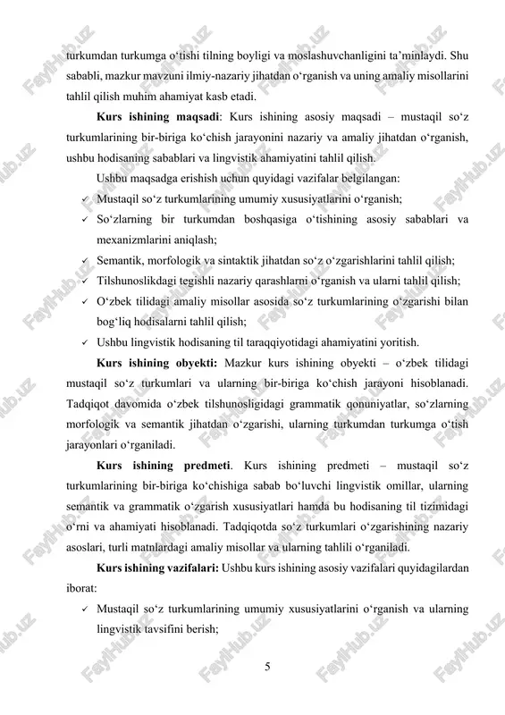o‘chishining asosiy sabablari va mexanizmlarini aniqlash; · semantik, morfologik va sintaktik jihatdan so‘z o‘zgarishlarini tahlil qilish; · o‘zbek tilshunosligida so‘z turkumlari o‘rtasidagi o‘tish hodisasini o‘rgangan olimlarning fikrlarini tahlil qilish; · o‘zbek tilidan olingan turli matnlar asosida amaliy misollar keltirish va ularning grammatik xususiyatlarini o‘rganish; · mustaqil so‘z turkumlarining bir-biriga ko‘chishining til tizimidagi ahamiyatini aniqlash va bu jarayonning nutq taraqqiyotiga ta’sirini ko‘rsatish. kurs ishining nazariy ahamiyati: mazkur kurs ishining nazariy ahamiyati shundan iboratki, u mustaqil so‘z turkumlarining bir-biriga ko‘chish jarayonini lingvistik nuqtayi nazardan tahlil qiladi va bu hodisaning nazariy asoslarini oydinlashtiradi. so‘z turkumlarining o‘zgarishi tilshunoslikning muhim jihatlaridan biri bo‘lib, uni o‘rganish til tizimining dinamik xususiyatlarini anglashga yordam beradi. ushbu ish natijalari o‘zbek tilining grammatik tuzilishi va leksik-semantik rivojlanishi bilan bog‘liq tadqiqotlarda, shuningdek, tilshunoslik va grammatikaga oid ilmiy ishlarda qo‘llanilishi mumkin.[footnoteref:3] [3: abduazizov a. o‘zbek tilining grammatikasi. – toshkent: o‘zbekiston, 2010. – b. 112-130. ] kurs ishining tuzilmasi: tadqiqot quyidagi bo‘limlardan iborat: …