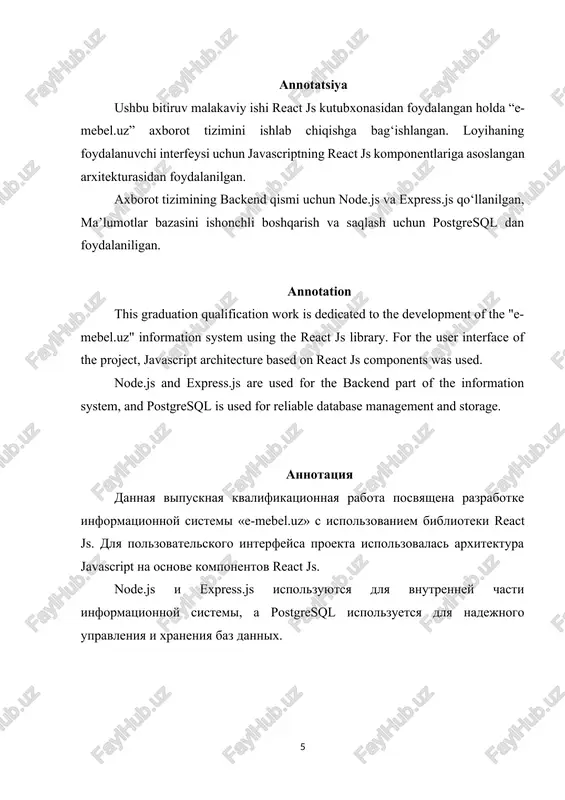 izmat qiladi. ushbu web saytlar, mahsulot taqdimoti va marketingdan tortib foydalanuvchi tajribasini yaxshilash, mijozlar bilan aloqalarni mustahkamlash, xavfsiz to‘lov tizimlarini ta’minlash, logistika va yetkazib berish xizmatlarini boshqarish hamda savdo jarayonlarini tahlil qilish va optimallashtirish kabi ko‘plab muhim vazifalarni bajaradi. shu sababli, web saytlarning onlayn do‘kon savdolariga bog‘liqligi zamonaviy biznes uchun muhim ahamiyatga ega bo‘lib, ularni muvaffaqiyatli yuritish uchun turli strategik va texnik elementlarni birlashtirish talab etiladi. hozirda mijozlar turli xil kompyuterlari va qurilmalar jumladan ish stoli kompyuterlari, noutbuklar, planshet kompyuter va smartphonelar yordamida onlayn xarid qilishlari mumkin. onlayn doʻkonlar odatda xaridorlarga maʼlum modellar, brendlar yoki mahsulotlarni topish uchun qidiruv funksiyalaridan foydalanish imkonini beradi. bugungi kunda butun dunyo bo‘ylab yoyilgan internetning imkoniyatlarini ko‘rib, web sahifa yaratish hozirgi kunda juda muhim ekanligini anglaymiz. shuningdek, o‘zbekistonda ham hozir web sahifa yaratish keskin rivojlanib bormoqda[3]. bitiruv malakaviy ishining dolzarbligi: oʻzbekistonda internet tarmogʻi va raqamli texnologiyalardan foydalanish darajasi yildan-yilga oshib bormoqda. aholining katta qismi smartfon …