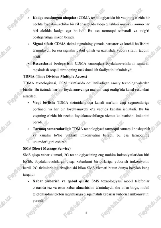 amli uzatish, xavfsizlik, va samarali resurslar boshqaruvi kabi jihatlar bugungi kunda ham mobil aloqaning rivojlanishiga asos bo‘lib xizmat qilmoqda. gsm (global system for mobile communications) — bu 2g mobil aloqa tizimlarining asosiy va eng keng tarqalgan standarti bo‘lib, 1991 yilda yevropa mamlakatlarida joriy etilgan. gsm mobil telefonlarni raqamli aloqaga asoslangan tizimga aylantirishga yordam berdi, bu esa tarmoqdagi signal sifati, xavfsizlik va resurslarni samarali boshqarish imkoniyatlarini yaratdi. gsm standartlari hali ham ko‘plab mamlakatlarda ishlatilmoqda va bu tizim mobil aloqaning rivojlanishida muhim o‘rin tutadi. gsm tizimining tarixi va rivojlanishi gsm tizimi yevropada, ayniqsa, 1980-yillarning oxirlarida va 1990-yillarning boshlarida rivojlangan. u mobil aloqaning avvalgi, analog tizimlariga qarshi yangi raqamli texnologiya sifatida yaratilgan. gsm tizimi har bir mintaqada yagona tarmoqni yaratish va foydalanuvchilarga doimiy va yuqori sifatli aloqani ta'minlash maqsadida ishlab chiqildi. gsm tarmog‘ining asosiy afzalliklari — yuqori sifatli ovozli aloqalar, keng tarqalganlik va xavfsizlik, shuningdek, sms (short message service) kabi yangi xizmatlarni taqdim …