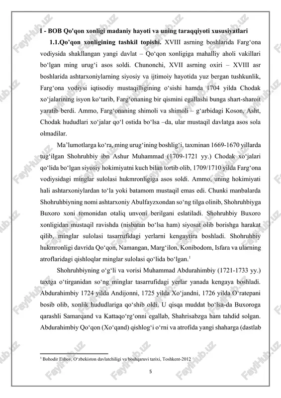 a mansablar ―sharq yulduzi, t., 1995] o‘z davrida olimxon harbiy yurishlar qilib o‘ziga yangi viloyatlarni, jumladan ohangaron vohasi, toshkent, chimkent, turkistonni bo‘ysundirishga muvaffaq bo‘ldi. qisqa muddat o‘ratepani ham egalladi, jizzax va zominga yurishlar qildi. harbiy islohatlar o‘tkazib, markazlashgan va kuchli davlat tuzish uchun harakat qilayotgan olimxonning siyosatidan norozi bo‘lgan ayrim zodagonlar guruhi unga qarshi fitna tayyorlay boshladilar. olimxon o‘z hokimiyatini mustahkamlash maqsadida ukasi rustambekni, bir nechta sarkardalarni, din peshvolarini o‘ldirtirib yuboradi. manbalarning ma’lumot berishicha, bu voqealardan so‘ng kuchayib ketgan fitnachilarga olimxonning ukasi umarbek boshchilik qilgan. natijada, 1810 yilda olimxon toshkentdan qo‘qonga qaytayotganda, oltiqush mavzesida o‘g‘li shohruhbek bilan birga qambar mirza tomonidan otib o‘ldiriladi. manbalarga ko‘ra, umarxon (1810-1822 yy.) hukmdorligi davrida yirik yer egalari, harbiy sarkardalar va ruhoniylarning mavqeyi yanada oshadi. u davlat boshqaruvi ishlarida izchil tartib, qonun – qoidalar o‘rnatdi va diniy ishlarni tartibga soldi. natijada, 1818 yilda umarxon ruhoniylarnng roziligi bilan “amir al-muslimin” unvonini olib ham diniy, ham dunyoviy …