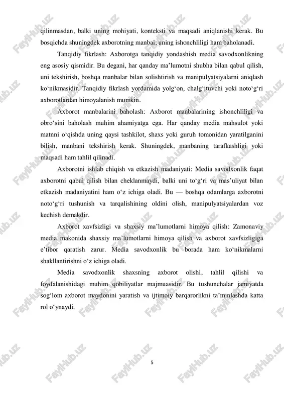 orotni tanqidiy qabul qilish, tahlil qilish va baholash ko‘nikmasi. yolg‘on, manipulyativ axborotlardan himoyalanishga yordam beradi. mas’uliyatli foydalanish media vositalaridan foydalanishda axloqiy me’yorlarga amal qilish. sog‘lom axborot muhitini yaratadi, noto‘g‘ri axborot tarqalishini kamaytiradi. ijtimoiy qadriyatlarni shakllantirish media orqali umumiy fikrlar, qadriyatlar va odob-axloq me’yorlarini targ‘ib qilish. jamiyatda bir-birini tushunish, hurmat qilish madaniyatini rivojlantiradi. axborot oqimini tartibga solish media orqali tarqalayotgan axborotlar sifatini nazorat qilish. fuqarolar aniq va ishonchli ma’lumot asosida qaror qabul qilish imkoniga ega bo‘ladi. demokratiyani qo‘llab-quvvatlash erkin fikr ifodasi va axborot olish huquqlarini himoya qilish. fuqarolik faolligini oshiradi, jamiyatdagi siyosiy jarayonlarga ijobiy ta’sir ko‘rsatadi. ijtimoiy birdamlikni mustahkamlash media orqali ijtimoiy birlik va hamjihatlikni targ‘ib turli qarashdagi insonlar o‘rtasida muloqot va 8 tushuncha / yo‘nalish izoh / ta’rif jamiyatdagi roli / ahamiyati qilish. hamkorlikni rivojlantiradi. milliy madaniyatni saqlash va targ‘ib qilish madaniy meros, til, urf- odatlar haqida media vositalari orqali xabardorlikni oshirish. yosh avlodni tarbiyalash, o‘zligimizni anglash va asrashga xizmat …