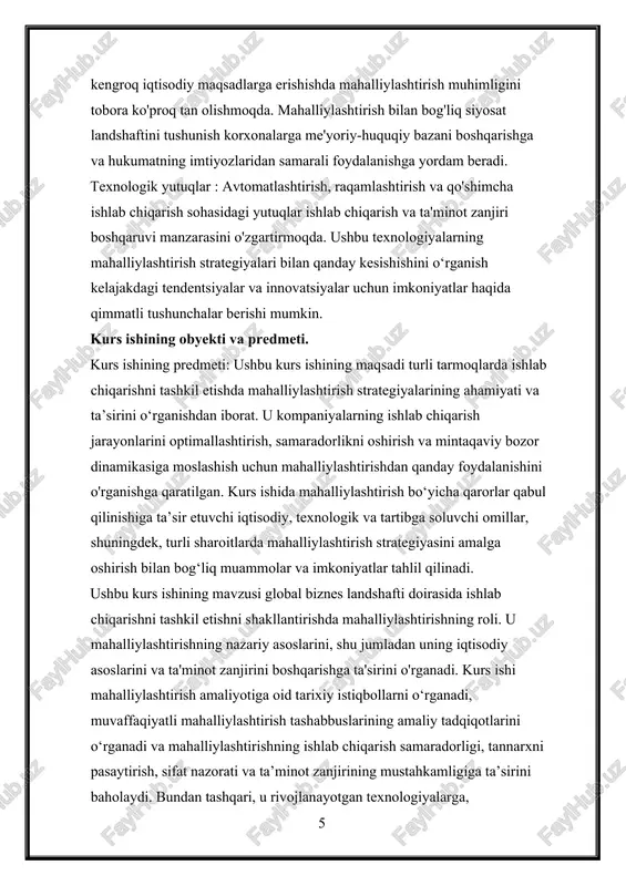 atadi, ya'ni ular boshqa mamlakatlarga qaraganda kamroq imkoniyat xarajati bilan ishlab chiqarishlari mumkin. mahalliylashtirish mintaqaviy kuchli tomonlar va resurslardan foydalanishi mumkin, bu esa firmalarga ma'lum joylarda o'zlarining qiyosiy ustunliklaridan foydalanish imkonini beradi. ishlab chiqarishni qiyosiy ustunlikka ega bo'lgan sohalarda jamlash orqali firmalar yuqori samaradorlik va raqobatbardoshlikka erishishlari mumkin. masshtab iqtisodlari : masshtab iqtisodlari nazariyasi ishlab chiqarish hajmi oshishi bilan doimiy xarajatlarning kattaroq mahsulotga tarqalishi tufayli bir birlik uchun o'rtacha xarajatlar kamayadi, deb ta'kidlaydi. mahalliylashtirish firmalarga ishlab chiqarishni ma'lum joylarda jamlash imkonini beradi, bu ularga mintaqaviy yoki global bozorlar uchun ko'proq mahsulot yoki xizmatlar ishlab chiqarish orqali miqyosda iqtisodga erishish imkonini beradi. ishlab chiqarishni strategik tanlangan joylarda markazlashtirib, firmalar ishlab chiqarish birligi uchun xarajatlarni kamaytirishi va rentabellikni oshirishi mumkin. tranzaksiya xarajatlari iqtisodiyoti : ronald kouz tomonidan taklif qilingan va keyinchalik oliver uilyamson tomonidan ishlab chiqilgan tranzaksiya xarajatlari iqtisodiyoti firmalar ichida yoki bozorlar bo'ylab iqtisodiy faoliyatni muvofiqlashtirish bilan bog'liq tranzaksiya xarajatlarini minimallashtirish …
