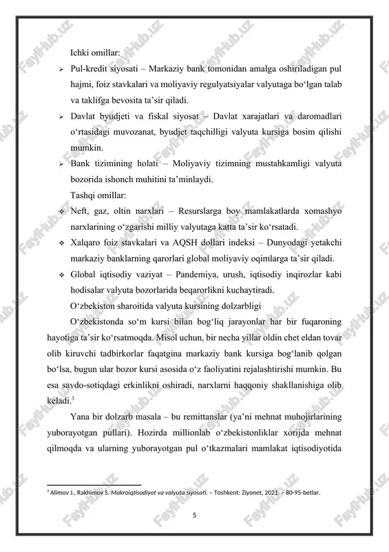 atsiya paytida fuqarolar zarar ko‘radi. aholining o‘z valyutasi — so‘mga bo‘lgan ishonchini mustahkamlash ham kurs barqarorligiga bog‘liq. aks holda, odamlar o‘z mablag‘larini chet el valyutasida saqlashga harakat qiladi, bu esa milliy iqtisodiyot uchun xavfli holatdir. valyuta kursi va investitsiyalar xorijiy investorlar mamlakatga sarmoya kiritishda eng avvalo uch narsaga qaraydi: siyosiy barqarorlik, qonunchilik kafolatlari va valyuta kursining barqarorligi. agar valyuta kursi doimiy tebransa, investor xavf yuqori deb hisoblaydi va sarmoyani boshqa davlatga yo‘naltiradi. shuning uchun hukumat valyuta bozorini tartibga solishda balansli siyosat olib borishi zarur. raqamlar va faktlar bilan: · 2017-yildagi valyuta islohoti natijasida aqsh dollarining rasmiy kursi 1 aqsh dollariga 4210 so‘mdan 8100 so‘mgacha oshdi. bu qisqa muddatda import tovarlar narxining keskin oshishiga sabab bo‘ldi, biroq uzoq muddatda iqtisodiy erkinlikni ta’minladi. · 2024-yilda o‘zbekistonning eksport hajmi 23 mlrd aqsh dollarini tashkil etgan bo‘lsa, import hajmi 28 mlrd dollar atrofida bo‘ldi. bu tashqi savdo balansining manfiy bo‘lishini va valyuta kursiga bosimni …