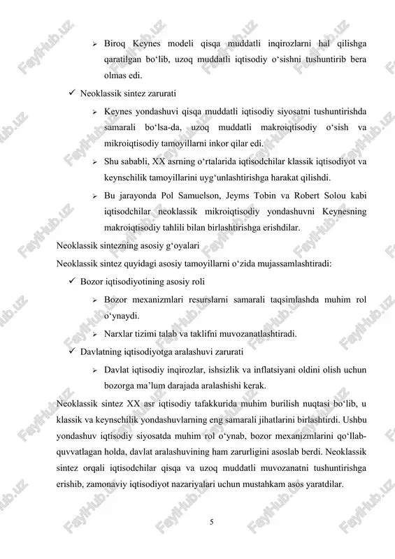 o munosabati · marshall bozor iqtisodiyotining samaradorligiga ishongan bo‘lsa-da, u ayrim hollarda davlat aralashuvi zarur ekanligini ta’kidlagan. · uning fikricha, davlat monopoliyalarni tartibga solish va ijtimoiy muvozanatni saqlash uchun aralashishi kerak. alfred marshallning iqtisodiyot faniga ta’siri · uning yondashuvlari zamonaviy mikroiqtisodiyotga asos bo‘ldi. · uning “iqtisodiyot tamoyillari” kitobi uzoq yillar iqtisodiy ta’limning asosiy darsliklaridan biri bo‘lib keldi. · talab, taklif, elastiklik, marjinal foyda kabi tushunchalar bugungi iqtisodiy tahlilda keng qo‘llaniladi. xulosa qilib aytganda, alfred marshall mikroiqtisodiy tahlil tamoyillarini ishlab chiqib, iqtisodiyot fanining rivojlanishiga ulkan hissa qo‘shdi. uning qarashlari nafaqat o‘z davrida, balki bugungi kunda ham iqtisodiy tahlil va siyosat yuritishda muhim ahamiyat kasb etadi. 3. pol samuelson va zamonaviy neoklassik sintez pol samuelson (1915–2009) zamonaviy iqtisodiyot fanining eng nufuzli namoyandalaridan biri bo‘lib, u iqtisodiy tahlilga matematik usullarni joriy qilgan va neoklassik sintezni shakllantirgan. samuelson mikroiqtisodiyot va makroiqtisodiy yondashuvni uyg‘unlashtirib, bozor iqtisodiyotining samaradorligi bilan davlatning iqtisodiyotga aralashuvining ahamiyatini birlashtirgan. samuelson va …