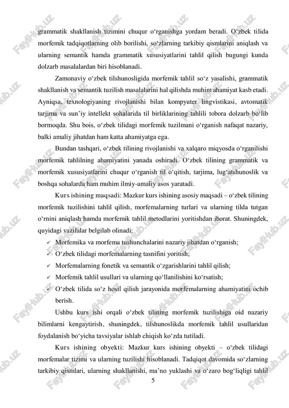 aridir. tadqiqot doirasida morfemalarning tarkibiy tuzilishi, semantik va grammatik xususiyatlari, fonetik o‘zgarishlari hamda so‘z hosil qilish jarayonidagi o‘rni o‘rganiladi. bundan tashqari, morfemik tahlil metodlari va ularning tilshunoslikdagi ahamiyati ham kurs ishining predmetiga kiradi. kurs ishining vazifalari: ushbu kurs ishi quyidagi asosiy vazifalarni bajarishga qaratilgan:  morfemika va morfema tushunchalarini tahlil qilish – o‘zbek tilshunosligida morfemika bo‘limining o‘rni va ahamiyatini o‘rganish.  o‘zbek tilidagi morfemalarning tasnifini yoritish – morfemalarning turlari (ildiz, affiksal, so‘z yasaluvchi va grammatik morfemalar) haqida ma’lumot berish.  morfemalarning fonetik va semantik xususiyatlarini tahlil qilish – morfemalarning ma’no va shakl jihatdan o‘zgarishini o‘rganish.  morfemik tahlil metodlarini o‘rganish – so‘zlarni morfemik jihatdan ajratish va tahlil qilish usullarini ko‘rsatish.  o‘zbek tilida so‘z hosil qilish jarayonida morfemalarning rolini aniqlash – morfemalarning yangi so‘zlar yaratish va grammatik shakllarni hosil qilishdagi ahamiyatini o‘rganish.  morfemik jarayonlarning o‘zbek tilida qanday namoyon bo‘lishini ko‘rsatish – so‘zlarning morfemik tarkibini o‘rganish orqali tilning rivojlanish tendensiyalarini …