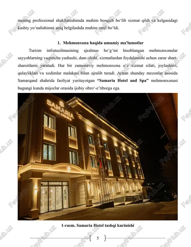 at sayyohlarni vaqtincha yashash bilan ta’minlaydi, balki xalqaro miqyosda mamlakat imidjini shakllantiruvchi omillardan biri sifatida ham e’tirof etiladi. samarqand shahrida joylashgan “samaria hotel and spa” mehmonxonasi bugungi kunda sayyohlar orasida tanilgan, xizmat sifati yuqori, zamonaviy sharoitlarga ega mehmonxonalardan biridir. ushbu mehmonxona “diyoramir” mchj tomonidan tashkil etilgan bo‘lib, o‘z faoliyatini samarali yo‘lga qo‘ygan. mehmonxona samarqand shahrining dahbed ko‘chasida, 168-uyda joylashgan bo‘lib, shaharning markaziy hududlaridan biri hisoblanadi. bu esa mehmonlar uchun shahar markazi, tarixiy obidalar, savdo markazlari va boshqa muhim infratuzilmalarga qulay yetib borish imkonini yaratadi. mehmonxonaning umumiy tavsifi: “samaria hotel and spa” 4 yulduzli toifaga ega bo‘lib, xalqaro talablarga mos xizmat ko‘rsatishni o‘z oldiga maqsad qilgan. mehmonxona zamonaviy dizayn asosida barpo etilgan bo‘lib, yuqori sifatli qurilish materiallari, ekologik toza yechimlar va eng so‘nggi texnologiyalar asosida jihozlangan. mehmonxona binosi estetik go‘zallik, funksionallik va xavfsizlik mezonlariga to‘liq javob beradi. mehmonxonaning umumiy sig‘imi taxminan 50 dan ortiq xonani tashkil etadi. xonalar quyidagi toifalarga bo‘linadi: …