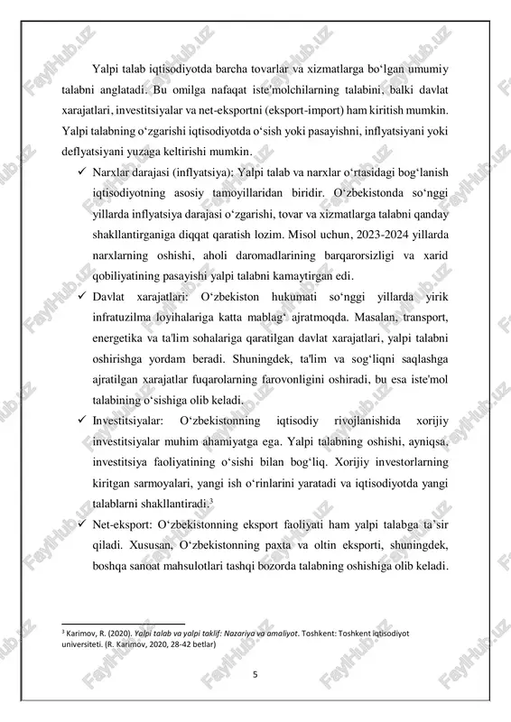 ing iqtisodiy rivojlanishida xorijiy investitsiyalar muhim ahamiyatga ega. yalpi talabning oshishi, ayniqsa, investitsiya faoliyatining o‘sishi bilan bog‘liq. xorijiy investorlarning kiritgan sarmoyalari, yangi ish o‘rinlarini yaratadi va iqtisodiyotda yangi talablarni shakllantiradi.3  net-eksport: o‘zbekistonning eksport faoliyati ham yalpi talabga ta’sir qiladi. xususan, o‘zbekistonning paxta va oltin eksporti, shuningdek, boshqa sanoat mahsulotlari tashqi bozorda talabning oshishiga olib keladi. 3 karimov, r. (2020). yalpi talab va yalpi taklif: nazariya va amaliyot. toshkent: toshkent iqtisodiyot universiteti. (r. karimov, 2020, 28-42 betlar) 6 biroq, importning oshishi va valyuta kursining o‘zgarishi talabga ta’sir ko‘rsatishi mumkin. yalpi taklif : yalpi taklif – bu iqtisodiyotdagi umumiy ishlab chiqarish hajmi va uning imkoniyatlaridan foydalanish darajasini ifodalaydi. yalpi taklifning shakllanishi va o‘zgarishi ishlab chiqarish resurslari, texnologik yutuqlar, ishlab chiqarish samaradorligi va boshqa omillar bilan bog‘liqdir. o‘zbekiston iqtisodiyotining yalpi taklifi, ayniqsa, resurslarga, mehnat kuchiga va texnologik yutuqlarga bog‘liq.  resurslar: o‘zbekistonning iqtisodiyoti asosida resurslarga, jumladan, yer, suv, energiya manbalariga tayanadi. agar …