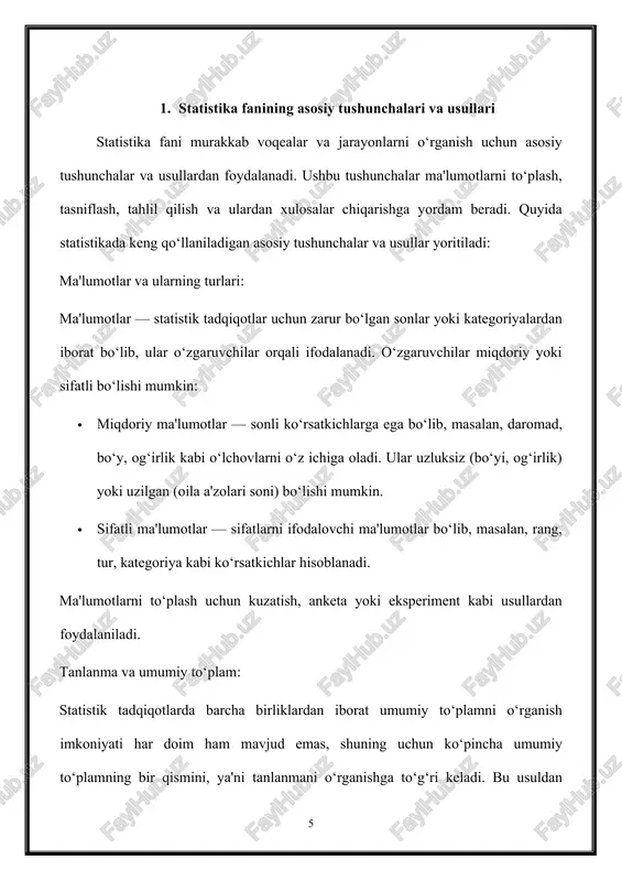 ordam beradi. quyida statistik ko‘rsatkichlarning asosiy turlari va ularning tahlil usullari yoritiladi: o‘rtacha ko‘rsatkichlar o‘rtacha ko‘rsatkichlar ma'lumot to‘plamining umumiy darajasini ifodalaydi va ko‘pincha markaziy tendensiyalarni aniqlashda ishlatiladi. eng keng tarqalgan o‘rtacha ko‘rsatkichlar: · o‘rtacha arifmetik: to‘plamdagi barcha qiymatlarning yig‘indisini ularning soniga bo‘lish orqali hisoblanadi. bu eng ko‘p qo‘llaniladigan va tushunarli o‘rtacha ko‘rsatkich hisoblanadi. · median: ma'lumotlar ketma-ket joylashtirilganda markaziy qiymatni ifodalaydi. median, ayniqsa, haddan tashqari qiymatlar mavjud bo‘lganda o‘rtacha arifmetikdan yaxshiroq natija beradi, chunki u ma'lumotlarning taqsimotini yanada haqqoniy aks ettiradi. · moda: ma'lumot to‘plamidagi eng ko‘p uchraydigan qiymat. bu ko‘rsatkich ma'lumotlarning qaysi qiymat atrofida to‘planishini ko‘rsatadi. tarqoqlik ko‘rsatkichlari tarqoqlik ko‘rsatkichlari ma'lumotlarning o‘zgaruvchanligi, ya'ni ular orasidagi farqlarni ifodalaydi. bu ko‘rsatkichlar yordamida ma'lumotlarning markazdan qancha uzoqlashishini bilish mumkin: · dispersiya: ma'lumot qiymatlarining o‘rtacha qiymatdan qanchalik chetlanishini o‘lchaydi. dispersiya kichik bo‘lsa, ma'lumotlar markaziy qiymat atrofida zich joylashgan bo‘ladi; katta bo‘lsa, ular keng tarqalgan hisoblanadi. · standart og‘ish: dispersiyaning kvadrat ildizi bo‘lib, o‘zgaruvchanlikni …