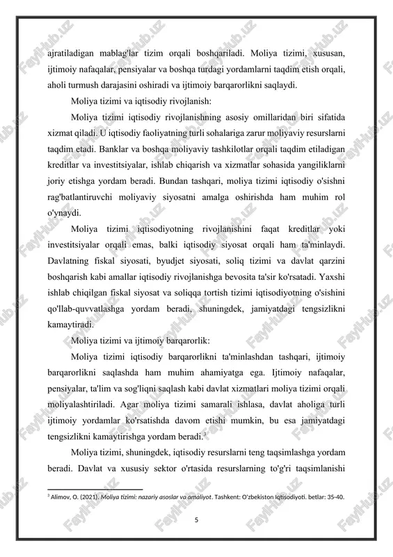 titsiyalar, ishlab chiqarish va xizmatlar sohasida yangiliklarni joriy etishga yordam beradi. bundan tashqari, moliya tizimi iqtisodiy o'sishni rag'batlantiruvchi moliyaviy siyosatni amalga oshirishda ham muhim rol o'ynaydi. moliya tizimi iqtisodiyotning rivojlanishini faqat kreditlar yoki investitsiyalar orqali emas, balki iqtisodiy siyosat orqali ham ta'minlaydi. davlatning fiskal siyosati, byudjet siyosati, soliq tizimi va davlat qarzini boshqarish kabi amallar iqtisodiy rivojlanishga bevosita ta'sir ko'rsatadi. yaxshi ishlab chiqilgan fiskal siyosat va soliqqa tortish tizimi iqtisodiyotning o'sishini qo'llab-quvvatlashga yordam beradi, shuningdek, jamiyatdagi tengsizlikni kamaytiradi. moliya tizimi va ijtimoiy barqarorlik: moliya tizimi iqtisodiy barqarorlikni ta'minlashdan tashqari, ijtimoiy barqarorlikni saqlashda ham muhim ahamiyatga ega. ijtimoiy nafaqalar, pensiyalar, ta'lim va sog'liqni saqlash kabi davlat xizmatlari moliya tizimi orqali moliyalashtiriladi. agar moliya tizimi samarali ishlasa, davlat aholiga turli ijtimoiy yordamlar ko'rsatishda davom etishi mumkin, bu esa jamiyatdagi tengsizlikni kamaytirishga yordam beradi.[footnoteref:3] [3: alimov, o. (2021). moliya tizimi: nazariy asoslar va amaliyot. tashkent: o'zbekiston iqtisodiyoti. betlar: 35-40. ] moliya tizimi, shuningdek, …