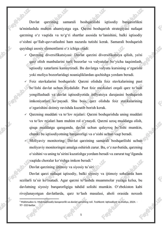 boshqarish imkoniyatlari ko‘payadi. shu bois, qarz olishda foiz stavkalarining o‘zgarishini doimiy ravishda kuzatib borish kerak. · qarzning muddati va to‘lov rejalari: qarzni boshqarishda uning muddati va to‘lov rejalari ham muhim rol o‘ynaydi. qarzni uzoq muddatga olish, qisqa muddatga qaraganda, davlat uchun qulayroq bo‘lishi mumkin, chunki bu iqtisodiyotning barqarorligi va o‘sishi uchun vaqt beradi. · moliyaviy monitoring: davlat qarzining samarali boshqarilishi uchun moliyaviy monitoringni amalga oshirish zarur. bu, o‘z navbatida, qarzning o‘sishini va uning ta’sirini kuzatishga yordam beradi va zarurat tug‘ilganda vaqtida choralar ko‘rishga imkon beradi.[footnoteref:4] [4: mahmudov u. makroiqtisodiy barqarorlik va davlat qarzining roli. toshkent: iqtisodiyot va moliya, 2024. – 97–102-betlar. ] davlat qarzining ijtimoiy va siyosiy ta’siri: davlat qarzi nafaqat iqtisodiy, balki siyosiy va ijtimoiy sohalarda ham sezilarli ta’sir ko‘rsatadi. agar qarzni to‘lashda muammolar yuzaga kelsa, bu davlatning siyosiy barqarorligiga tahdid solishi mumkin. o‘zbekiston kabi rivojlanayotgan davlatlarda, qarz to‘lash masalasi, aholi orasida noxush natijalarga olib kelishi va protestlarga sabab …