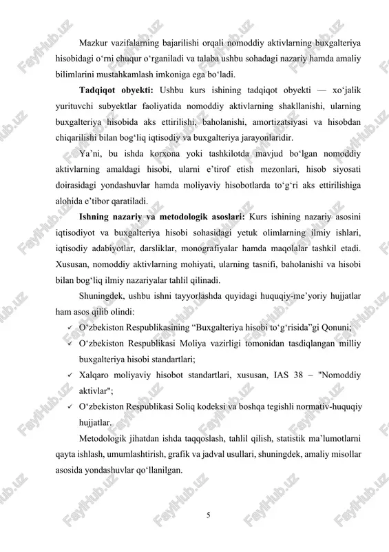 ldi, ularning hisoboti tahlil qilindi. ushbu usullar birgalikda qo‘llanilishi orqali mavzuning nazariy va amaliy jihatlari to‘liq yoritildi hamda ishonchli natijalarga erishildi. kurs ishining tarkibi va hajmi: kurs ishi kirish qismi, ikkita bob va xulosadan iborat. ishning umumiy hajmi 36 betni tashkil etadi. kurs ishida mavzuning mazmunini yanada ravshanroq tushuntirish maqsadida jadval va chizmalar ham kiritilgan. bu materiallar ishda tahlil qilingan ma’lumotlarni vizual ko‘rinishda ifodalashga xizmat qiladi. shuningdek, ishda foydalanilgan me’yoriy hujjatlar, maxsus adabiyotlar, internet saytlar hamda kurs ishi mavzusiga oid tegishli ilovalar to‘liq ro‘yxat tarzida keltirilgan. bu tarkib kurs ishining ilmiy va amaliy qimmatini oshiradi hamda o‘quvchi uchun qulay tushunishni ta’minlaydi. i bob. nomoddiy aktivlarning iqtisodiy mohiyati va tasnifi 1.1. nomoddiy aktivlar tushunchasi, ahamiyati va ularning roli nomoddiy aktivlar tushunchasi: nomoddiy aktivlar — bu korxonaning moddiy ko‘rinishga ega bo‘lmagan, lekin iqtisodiy qiymatga ega bo‘lgan uzoq muddatli aktivlardir. ular korxonaning ishlab chiqarish jarayonida bevosita ishtirok etmasa-da, uning iqtisodiy faoliyatida muhim ahamiyatga …
