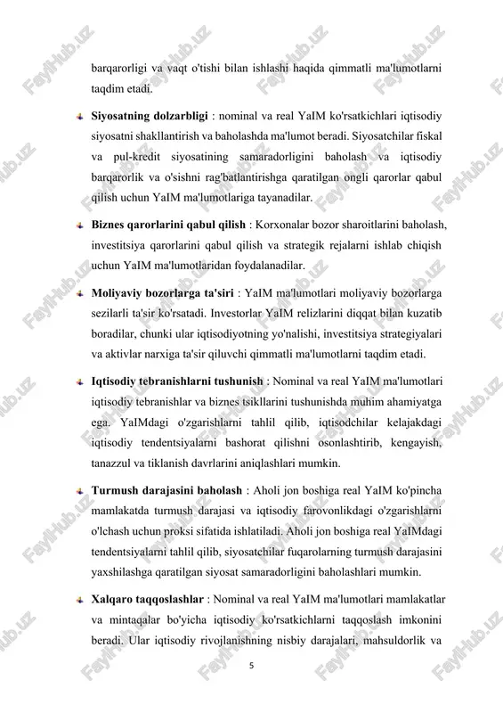 ordam beradi. · jamoatchilikni tushunish va jalb qilish : nominal va real yaimni tushunish fuqarolarga iqtisodiy siyosat va samaradorlik haqidagi munozaralarda yanada samaraliroq ishtirok etish imkonini beradi. jismoniy shaxslarni yaim ma'lumotlarini sharhlash bo'yicha bilimlar bilan jihozlash orqali ushbu mavzu bo'yicha kurs ishi ommaviy nutq va fuqarolik faolligini rivojlantiradi. xulosa qilib aytganda, nominal va real yaim bo‘yicha kurs ishi talabalarga asosiy makroiqtisodiy ko‘rsatkichlarni tahlil qilish va izohlash, iqtisodiy tendentsiyalar va tebranishlarni tushunish hamda davlat va xususiy sektorda ongli qarorlar qabul qilishga hissa qo‘shish uchun zarur bo‘lgan bilim va ko‘nikmalarni taqdim etishi bilan ahamiyatlidir.nachalo formi kurs ishining tarkibi : kirish , 3 ta bob ,6 ta reja , xulosa, foydlanilgan adabiyotlardan iborat . 1. nominal yaim va real yaimni aniqlash va hisoblash. nominal yaimni aniqlash: nominal yaim ma'lum bir vaqt oralig'ida, odatda bir yil yoki chorakda mamlakat chegaralarida ishlab chiqarilgan barcha yakuniy mahsulot va xizmatlarning umumiy pul qiymatini ifodalaydi. nominal yaimni hisoblash …