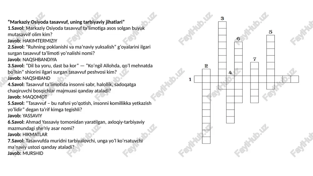 gan davr nomi? javob: temuriylar xamsanavislik va tarbiya savol: sharq adabiyotida birinchi “xamsa” turkumini yaratgan shoir kim? javob: nizomiy savol: “xamsa” so‘zi arab tilidan tarjima qilinganda qanday ma’noni bildiradi? javob: beshlik savol: alisher navoiy o‘zining “xamsa”sini qaysi tilda yaratgan? javob: turkiy savol: navoiy “xamsa”sining birinchi dostoni “hayrat ul-abror”da targ‘ib etilgan asosiy tarbiyaviy mavzu? javob: axloq savol: “farhod va shirin” dostoni orqali tarbiyaviy jihatdan targ‘ib etilgan insoniy fazilat? javob: sadoqat savol: “saddi iskandariy” dostonida tarbiyaviy jihatdan ilgari surilgan eng asosiy insoniy fazilat? javob: adolat savol: “sab’ai sayyor” dostonida navoiy tarbiyaning qaysi jihatini ramziy rivoyatlar orqali yoritadi? javob: donolik zahiriddin muhammad bobur va boburiylar merosida tarbiyaga oid qarashlar savol: zahiriddin muhammad bobur tomonidan asos solingan davlat nomi? javob: boburiylar savol: bobur o‘z asarlarida ilm va odobni inson kamolotining mezoni deb atagan. bu g‘oya qaysi asarda ifodalangan? javob: boburnoma savol: boburiylar davrida yoshlar harbiy va jismoniy tarbiyani qaysi maktablarda o‘rgangan? javob: sipohi savol: …