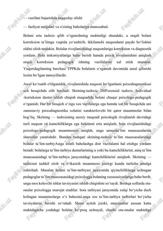 ng ta’lim olishdagi potensial imkoniyatlari yotadi. bolaning aqliy rivojlanishi qancha yuqori bo‘lsa, u yoki bu vazifani bajarish, olingan tajribani yangi vaziyatda qo‘llashni shuncha muvaffaqiyatli o‘rganadi. aqliy rivojlanishda orqada qolgan bolalami meyorida rivojlanayotgan bolalarga nisbatan bo‘lgan farqlaridan biri bu ular yordamdan yaxshi foydalana olmaydilar. mana shuning uchun tekshirish davomida pedagog doim o‘z e’tiborini vazifa tushuntirilganidan so‘ng uni echilishi yaxshilandimi, shunga o‘xshash vazifani qanday bajarganligiga qaratish lozim. barcha tekshirishlami ta’limiy eksperiment tamoyilini e’tiborga olib o‘tkazish tavsiya etiladi. bola tomonidan bajarilgan ishni baholash davomida sifat-sonli yondashish tamoyilini qo‘llash muhimdir, ya’ni faqatgina yakuniy natijanigina emas, balki topshiriqlami bajarish usuli va muvofiqligi, harkatlaming mantiqiy ketma-ketligi, maqsadga erishishda qat’iyatligi va h.q.lami baholash kerak. bunda baholash differensirlashgan bo‘lishi lozim. faqatgina oxirgi natijanigina emas, balki topshirish usulini ham e’tiborga olish lozim. bunda quyidagilar inobatga olinadi: — vazifa va tekshirish xolatiga munosabati — vazifani shartlaridan mo‘ljal ola olishi hamda, vazifani bajarish yomlari — vazifa shartlaridagi material va ko‘rsatmalarga bolaning …